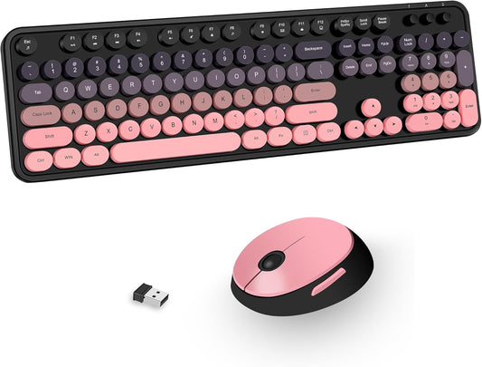 Wireless Keyboard and Mouse Combo, Cute Colorful 104 Keys Typewriter Retro Round Keycaps Keyboard for PC Laptop,Desktop,Windows, Home and Office Keyboards(Black Pink)