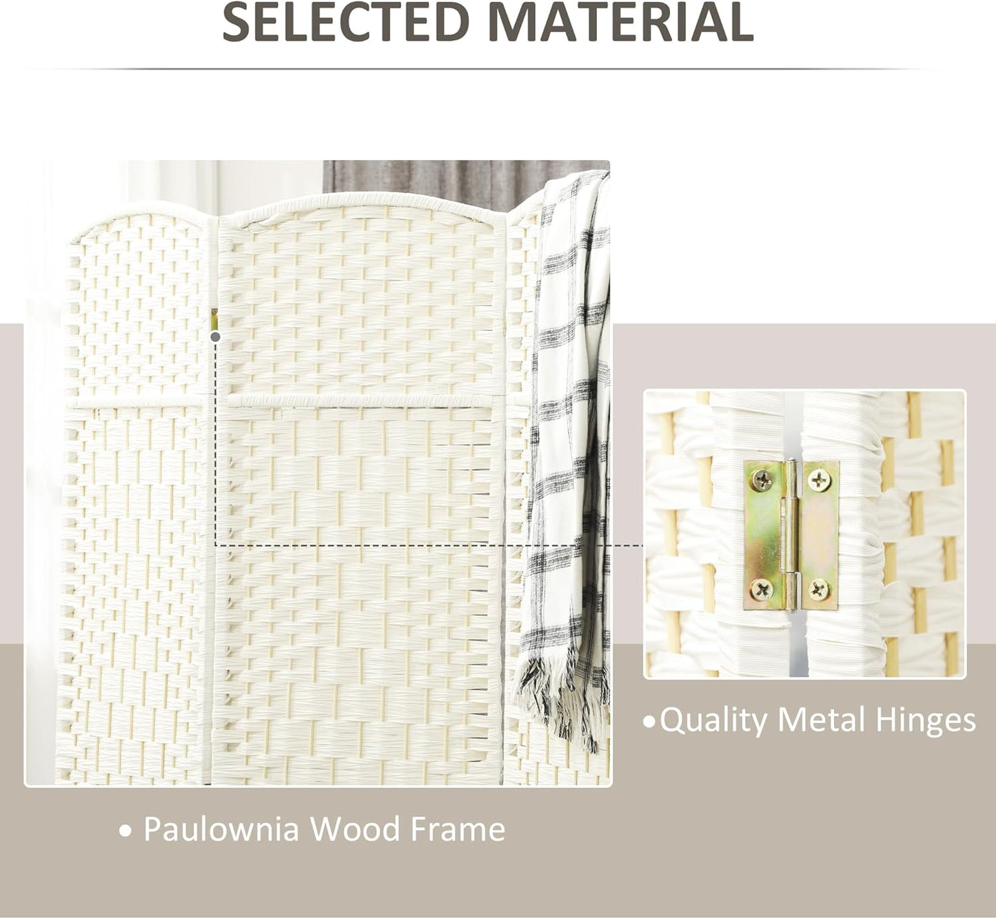 HOMCOM 4 Panel Room Divider, 6' Tall Folding Privacy Screen, Hand-Woven Freestanding Wall Partition for Home Office, Bedroom, White