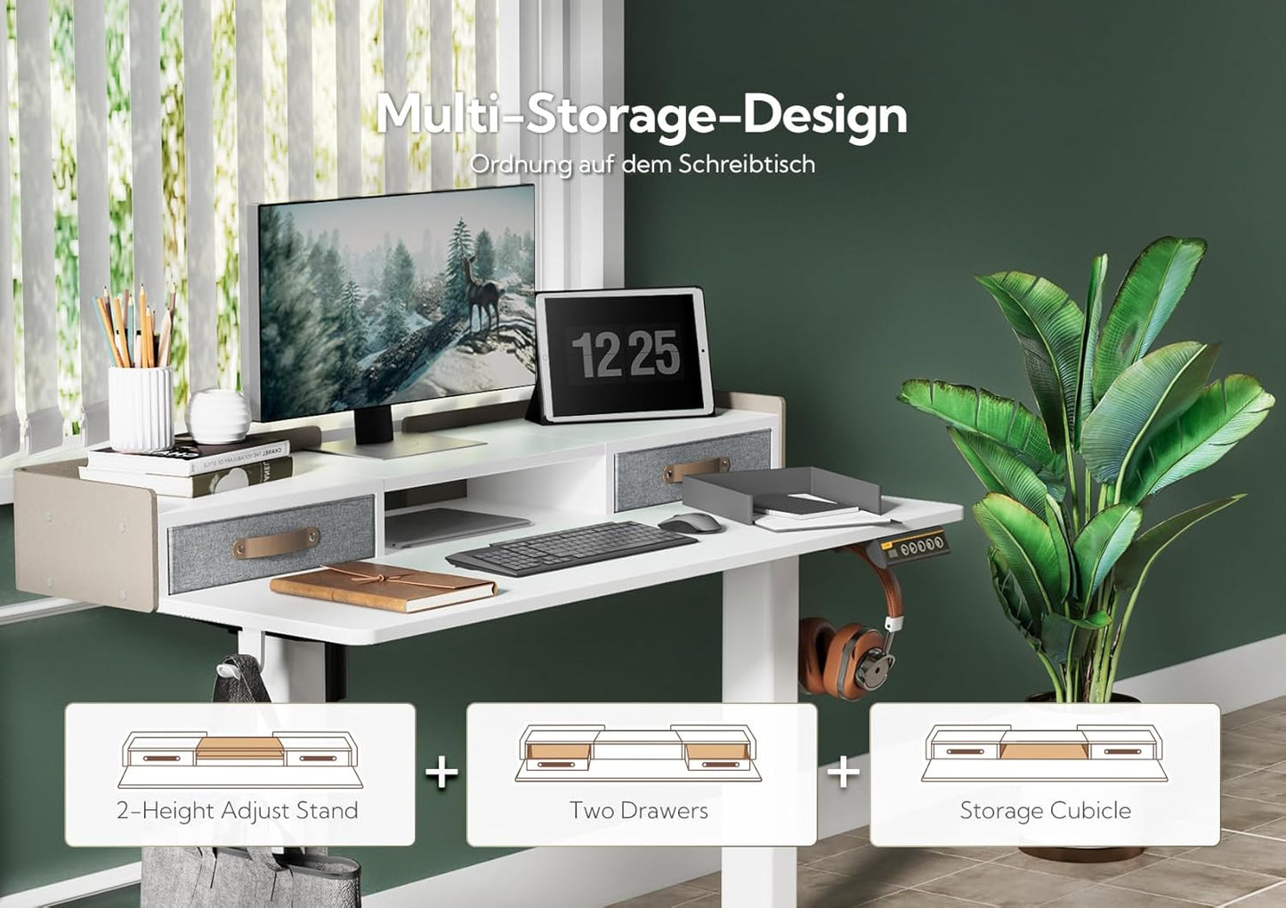 Claiks Standing Desk with Drawers, Adjustable Stand Up Electric Small Standing Desk Adjustable Height with Storage Shelf and Splice Board, 40 Inch, White