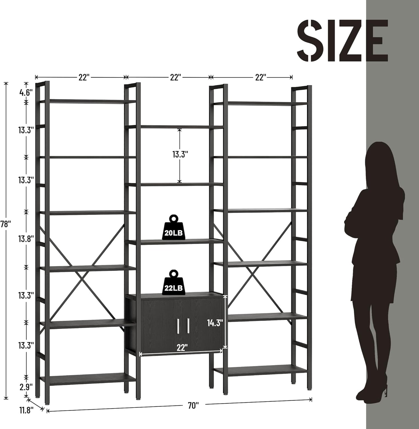 70x78 “ Triple 6 Tier Book Shelf, Industrial Large Bookcase with Storage Cabinet, Tall Bookshelf with 16 Open Display Shelves Metal Frame Furniture for Living Room Bedroom Home Office Black