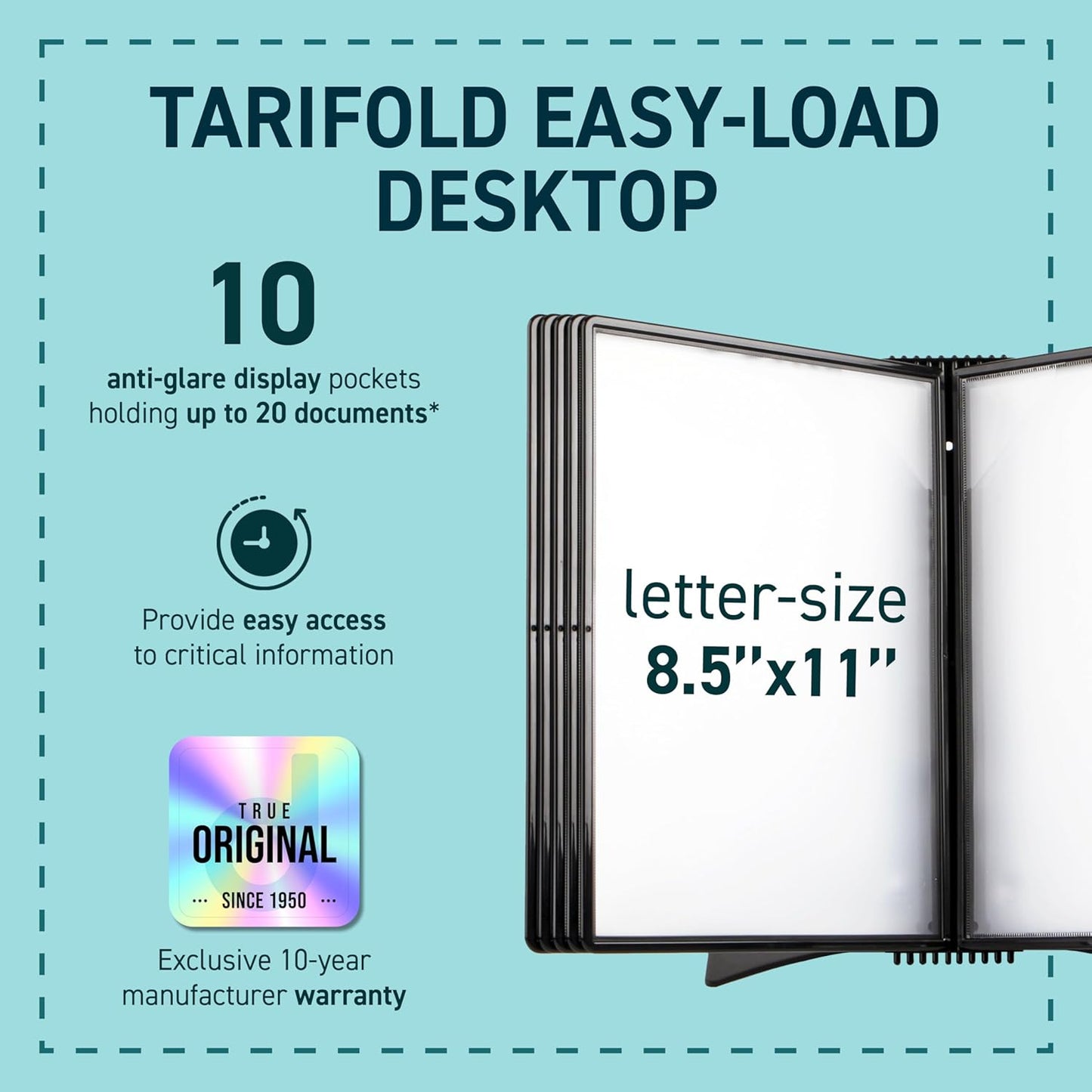 Tarifold DJOIS Desktop Reference & Display System - Durable Metal Base & Polypropylene - Letter-Size - 10 Double-Sided Pockets - 20 Sheet Capacity - Easy-Load - Made in France - Black