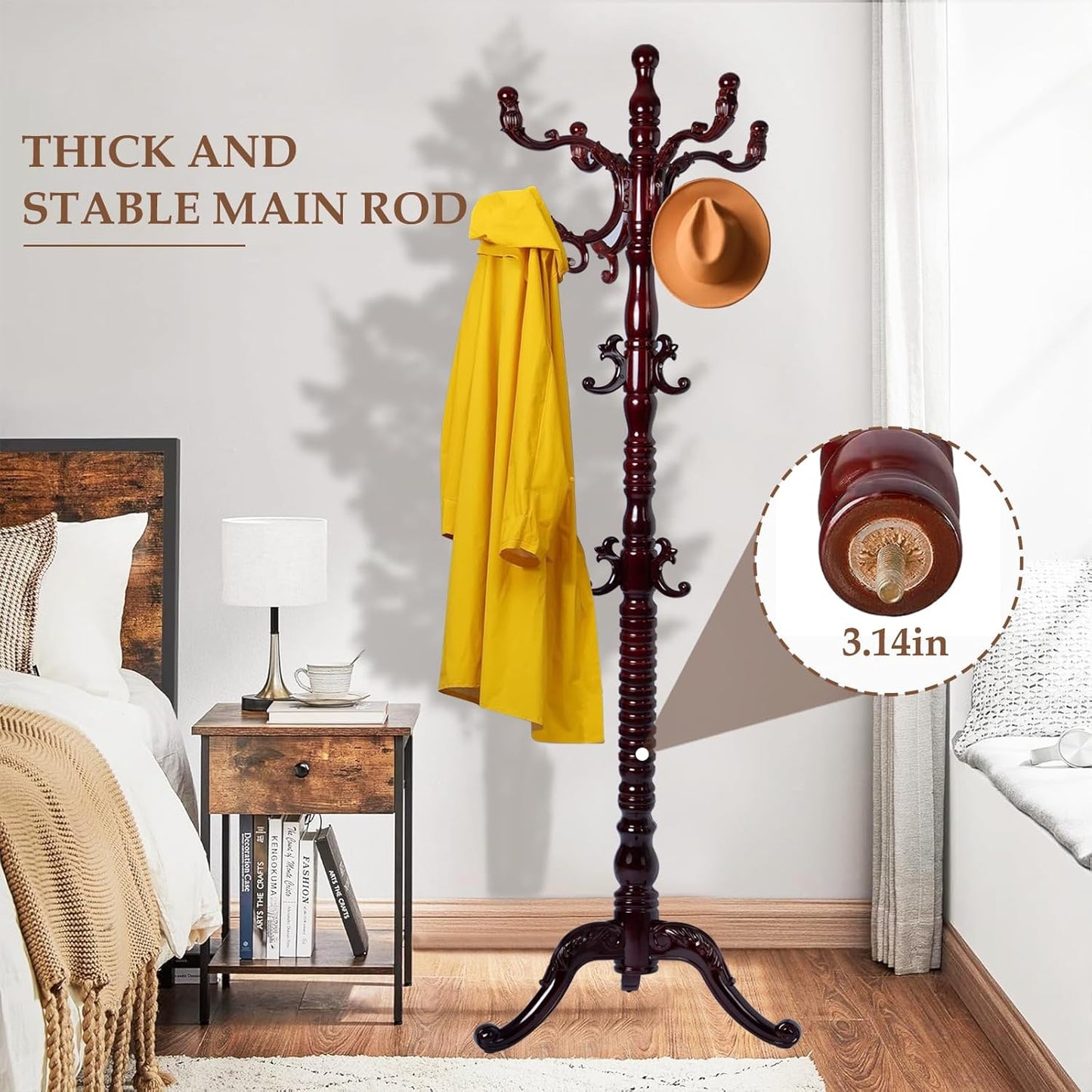 Wood Coat Rack Freestanding, Natural Coats Tree Stand with 14 Hooks, 73" Sturdy and Easy Assembly Coat Rack Stand for Entryway, Hallway, Bedroom, Bags, Hats (Tri-legged Base, Rosewood)