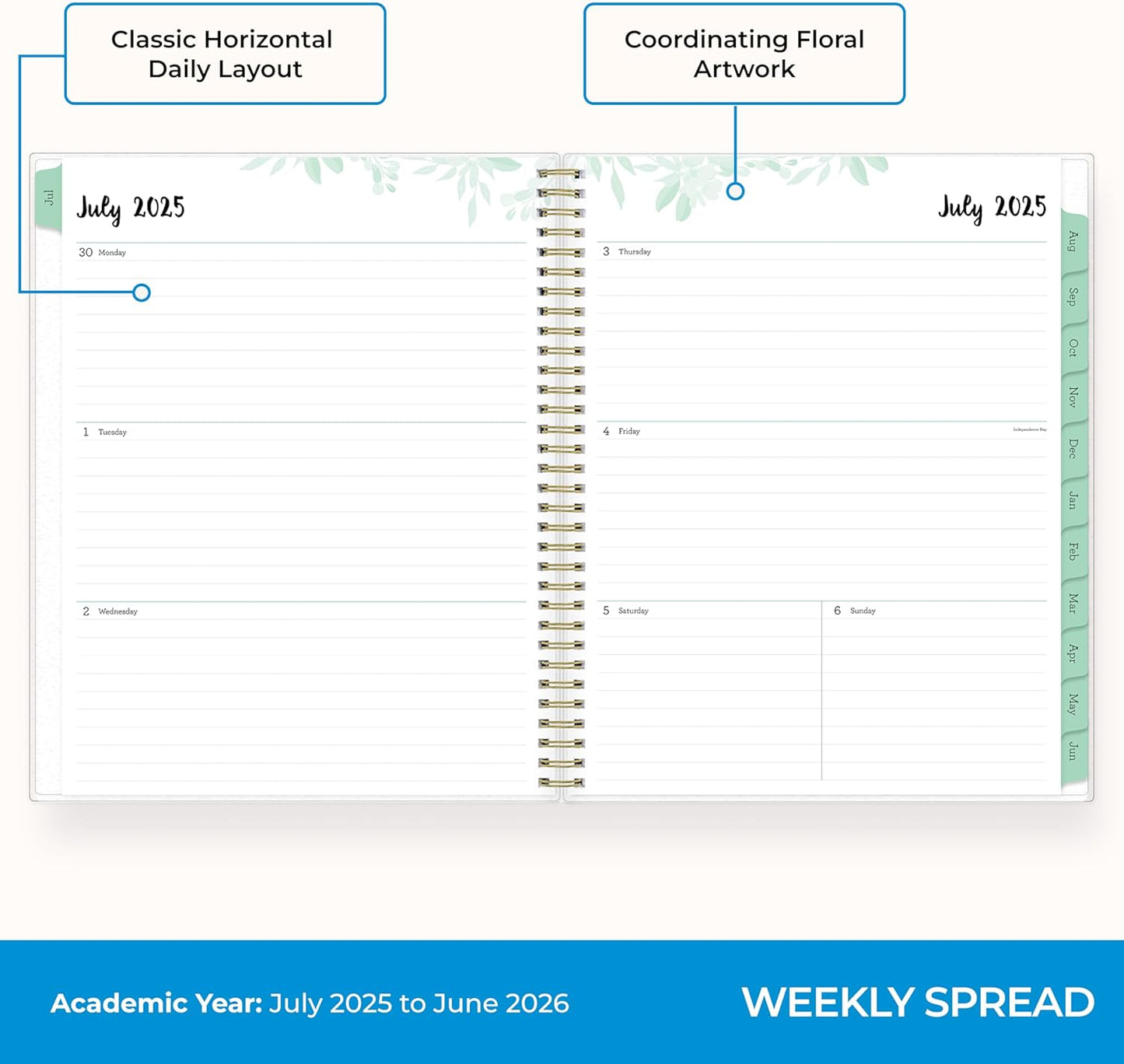 Blue Sky 2025-2026 Weekly and Monthly Academic Year Planner Calendar, July 2025 - June 2026, 8.5" x 11", Flexible Cover, Wirebound, Laminated Tabs, Storage Pocket, Laurel