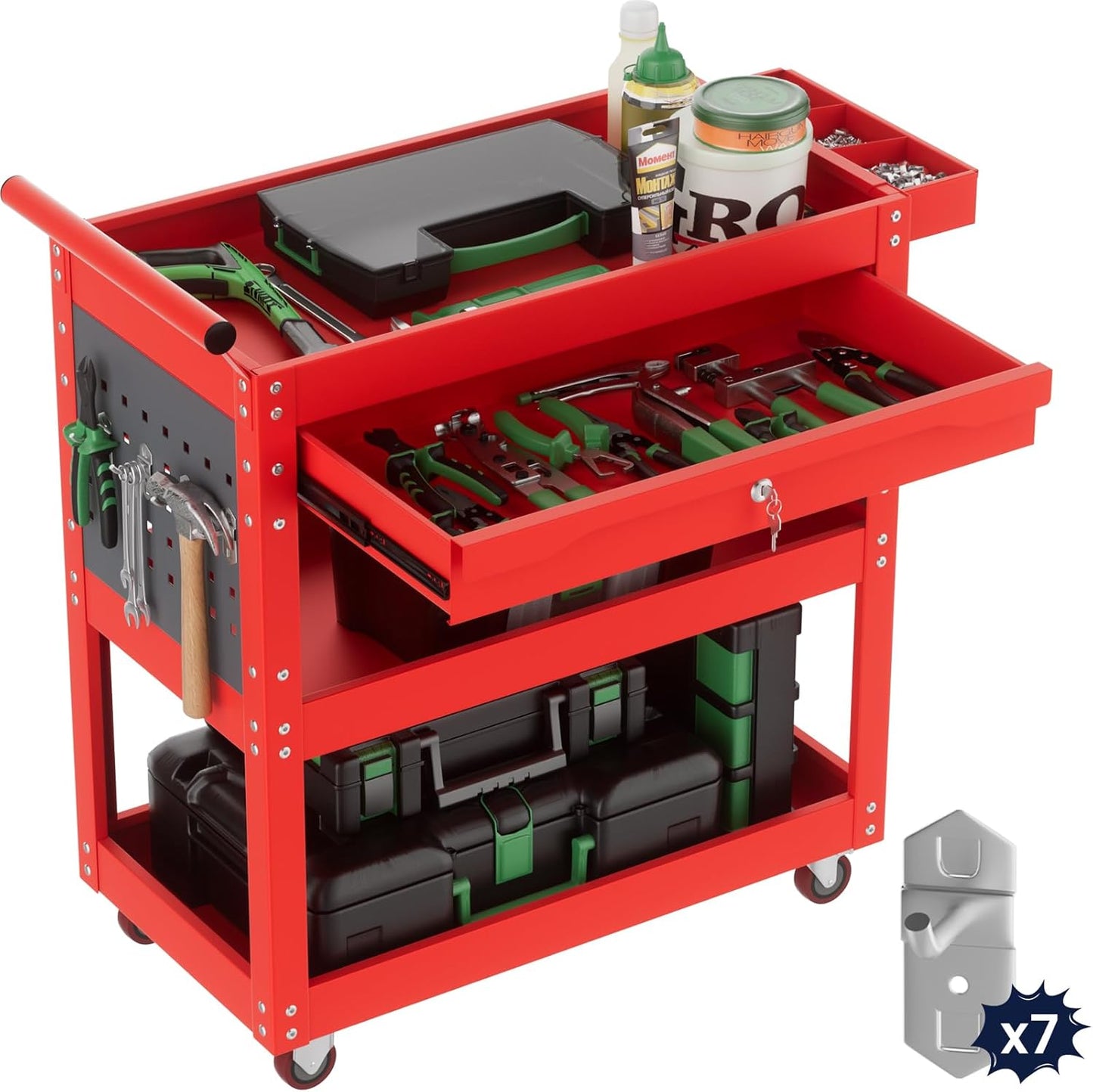 ALANNG 330 LBS Rolling Tool Cart with 1 Drawer & 3 Shelves | Heavy Duty Mechanic Cart Includes 7 Hooks, 2 Pegboards & Screw Organizer | Metal Service Cart for Garage Workshop (Red)