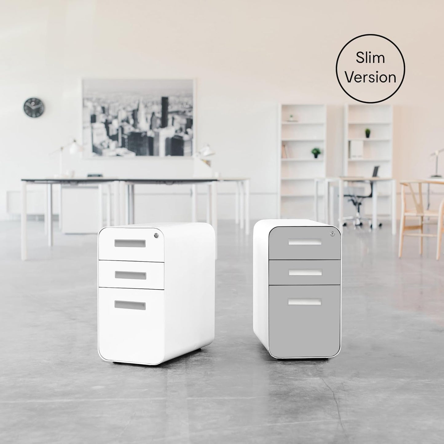 Laura Davidson Furniture Stockpile Slim 3-Drawer Mobile File Cabinet with Lock - Under Desk Metal Filing Cabinet, Legal/Letter File Folders, Wheels & Stationary Feet, Assembled, Light Grey Faceplate