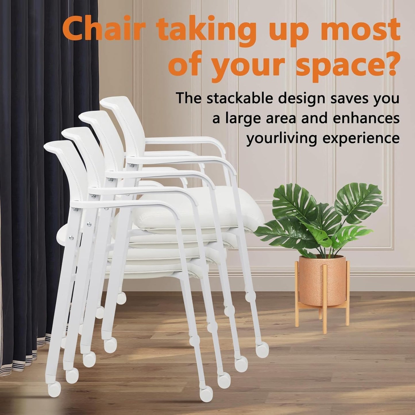 CLATINA Stacking Office Chairs with Wheels | Mesh Back, Thicken Leather Seat and Streamline Armrests, Ergonomic Lumber Support | School, Desk, Guest Reception, Waiting, Conference | Set of 8, White