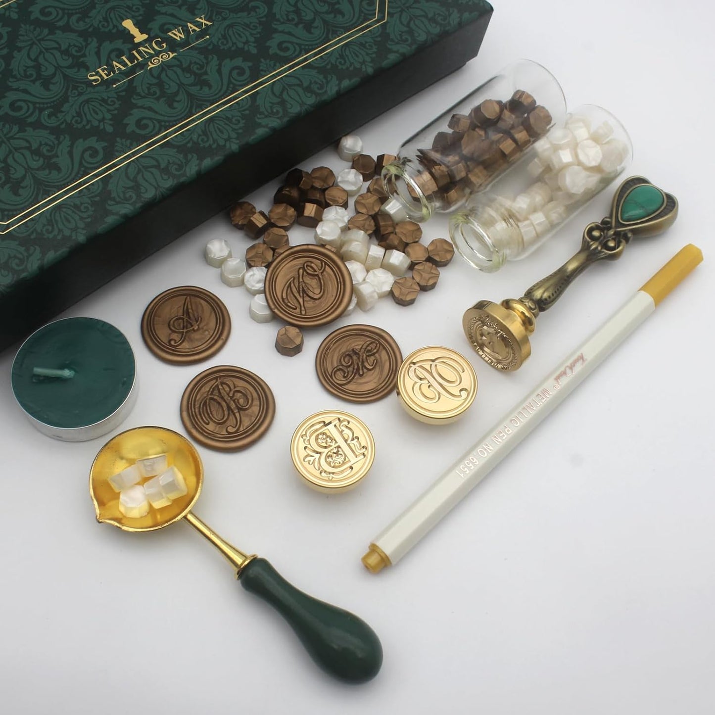 Letter Wax Seal Stamp Kit, Andotopee Wax Seal Kit Initial Alphabet B Sealing Wax Stamp Head 3pcs, Vintage Wax Stamp Seal Kit with Wax Seal Beads, Wax Seal Warmer Tools, Wax Seal Pen, Gift Box Set