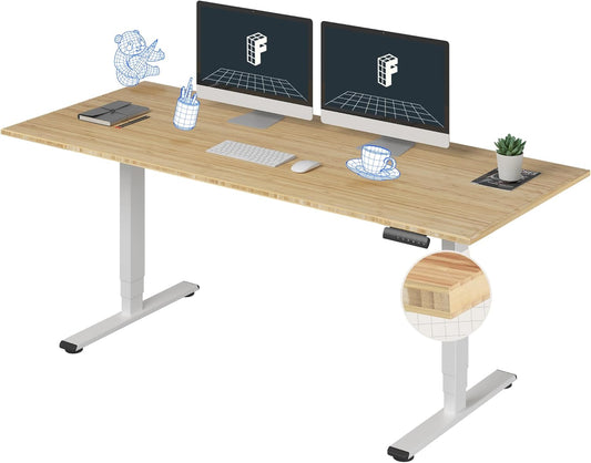 FLEXISPOT E6 Essential Bamboo 3 Stages Dual Motor 72x30 Inch Electric Height Adjustable Standing Whole-Piece Board Desk Sit Stand Up Desk (White Frame + Bamboo Desktop)