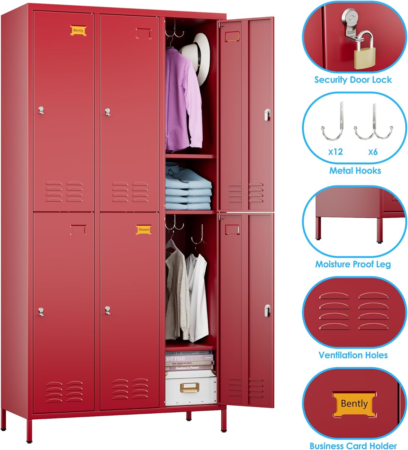 6 Doors Metal Locker with Business Card Holder and 18 Hooks,Metal Locker for Employees with Ventilation Holes for School Garage Office Gym Home,Assembly Required,Red