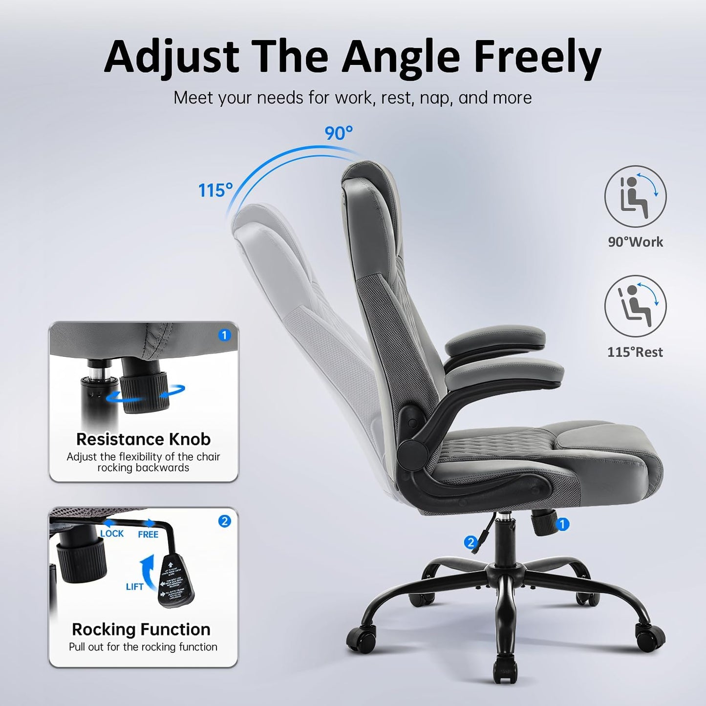Office Chair, Executive Leather Chair Home Office Desk Chairs, Ergonomic Computer Desk Chair with Adjustable Flip-Up Arms, Lumbar Support Swivel Task Chair with Rocking Function (Gray)