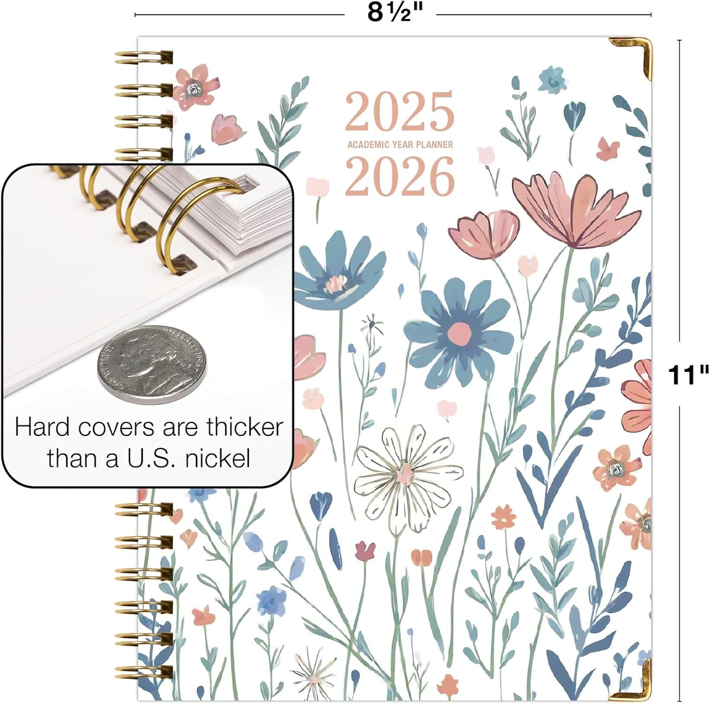 HARDCOVER Academic Year 2025-2026 Planner: (June 2025 Through July 2026) 8.5"x11" Daily Weekly Monthly Planner Yearly Agenda. Bookmark, Pocket Folder and Sticky Note Set (Colorful Botanicals)