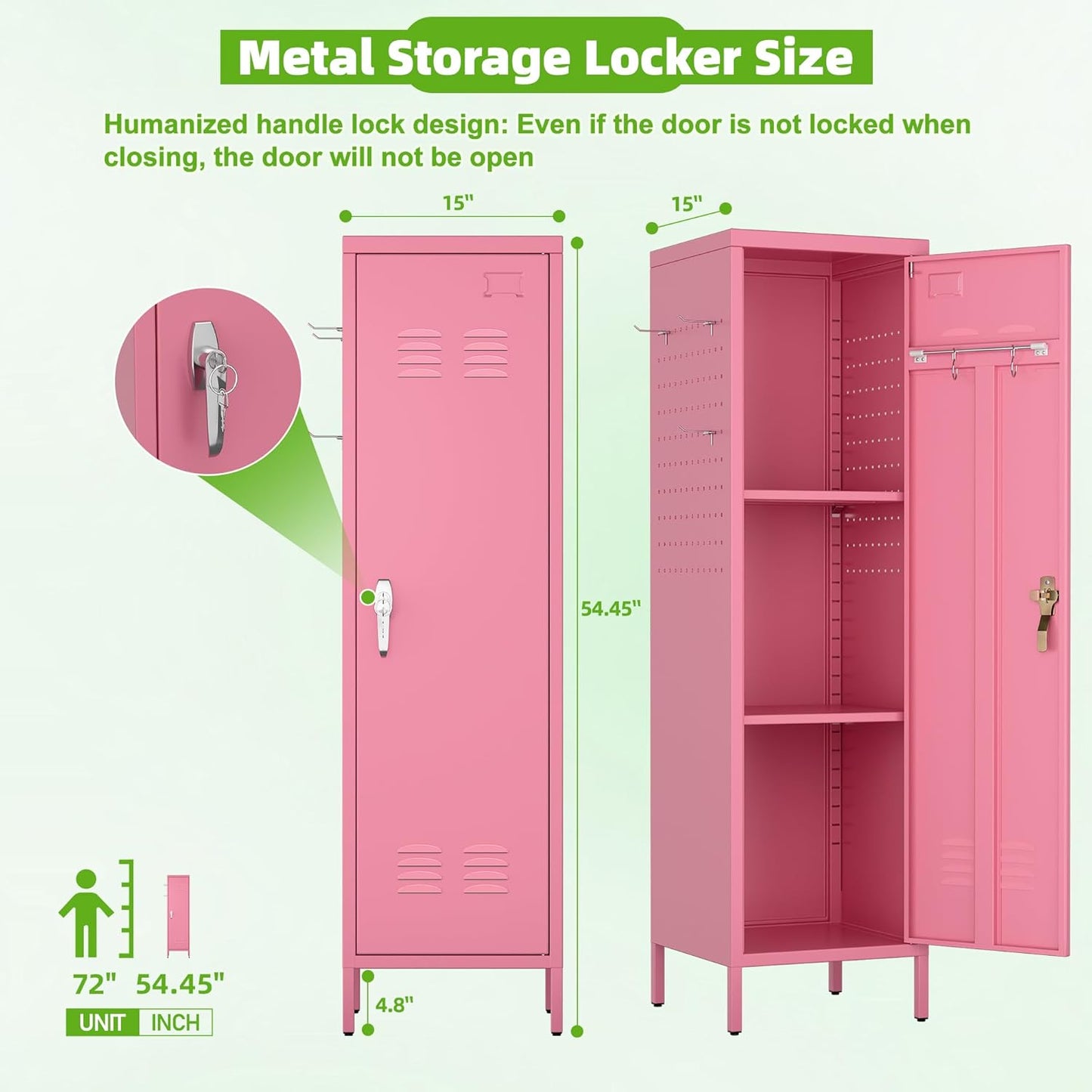 Aobabo Metal 54" H Metal Storage Locker for Employees, Lockable 1 Door with Towel Rack and 2 Side Pegboards with Hooks for School Office Gym Home, Assembly Required (Pink)
