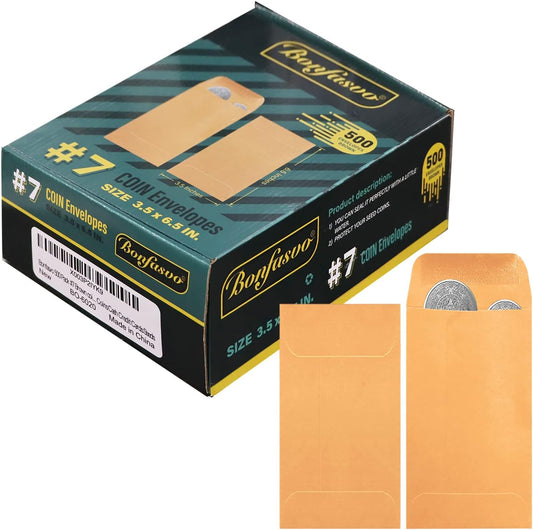 500 Pack #7 Brown coin envelope 3.5 x 6.5 inches Kraft Envelopes Classic Small Parts Envelopes with Self Adhesive Gummed Flap for Coins Cash Credit Cards Seeds