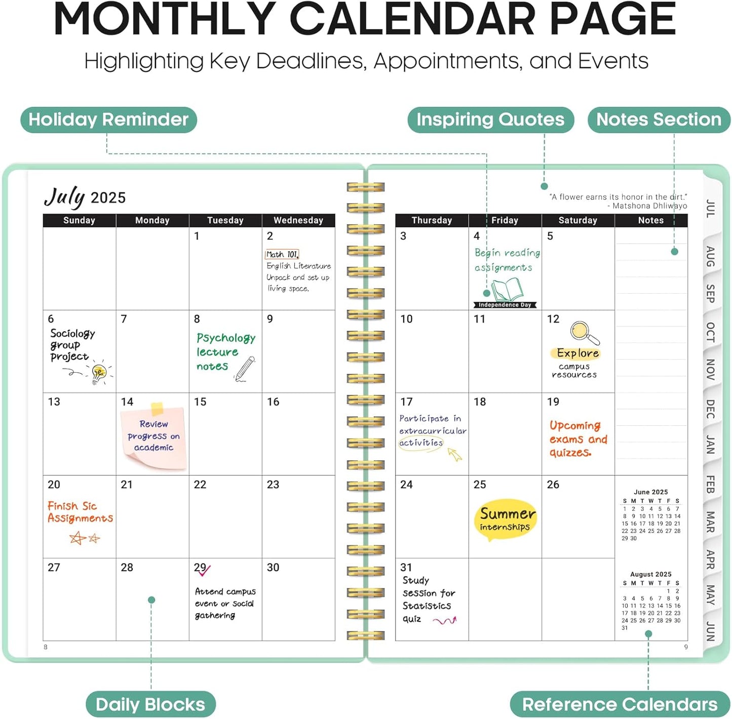 Planner 2025-2026, Academic Year Weekly and Monthly Calendar Planner, July 2025 - June 2026, Spiral Bound School Planning Tool, Perfect for Teacher, Student, Woman & Men - A5 (6.3" x 8.5"), Seafoam