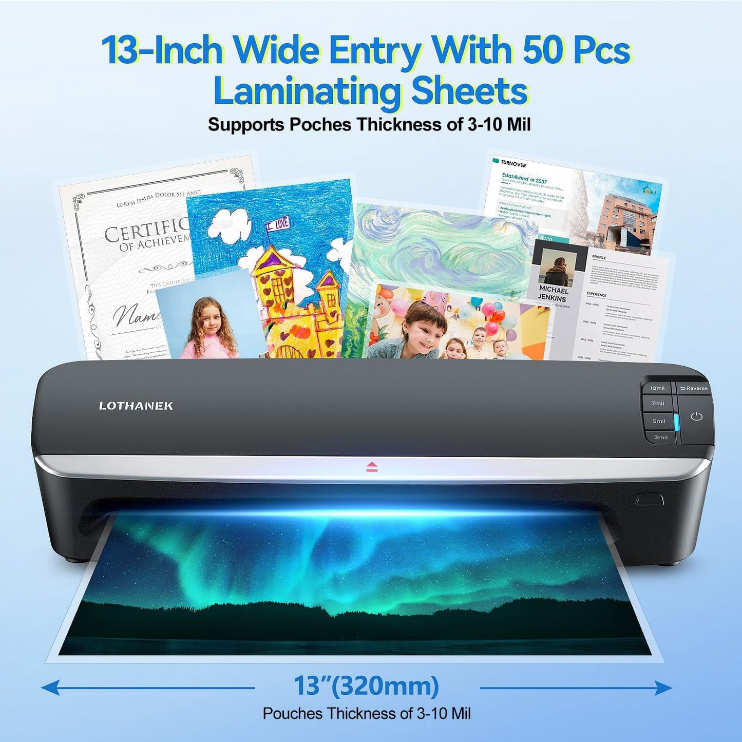 13 inch 4-Roller Laminator Machine, 3-10 Mil 60-Second Warm-up A3 Commercial Laminating Machine with 50 Sheets, LOTHANEK Heavy Duty Thermal Machine for Home, School Office Teacher Use