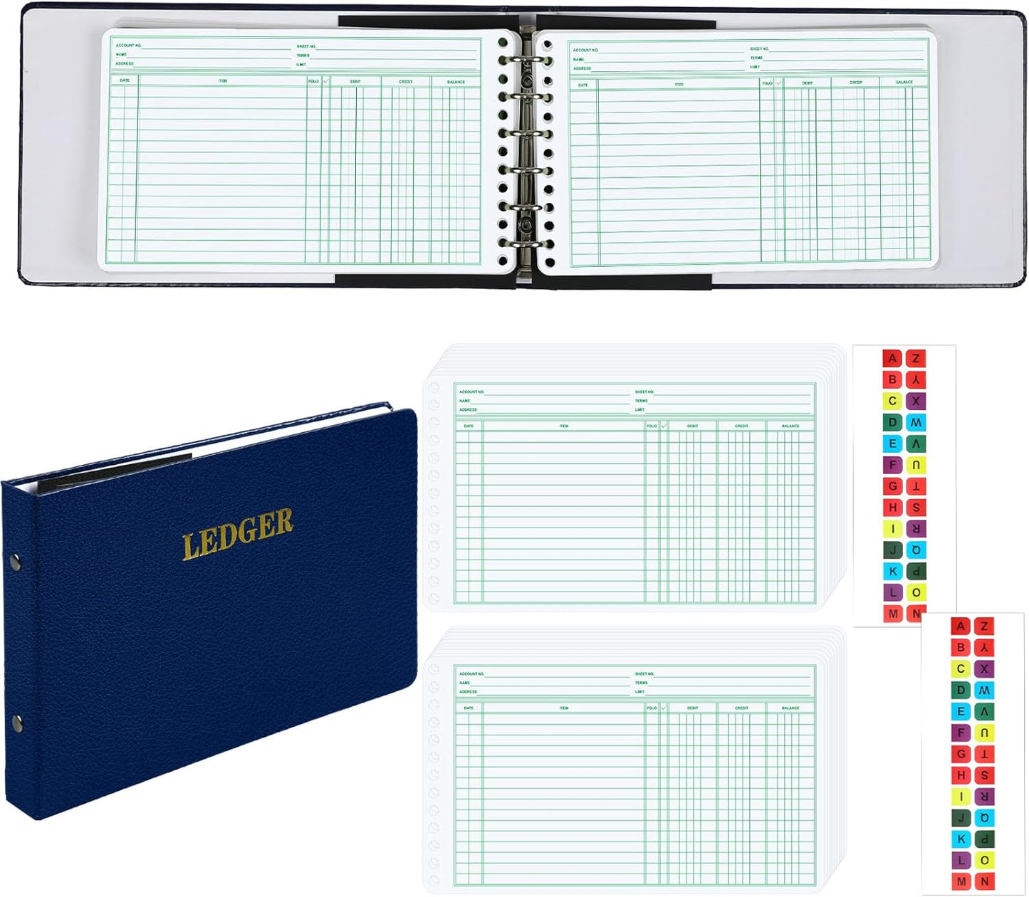 Ring Ledger Binder with 200 Pcs 5"x8.5" Ledger Sheets Small Index Tabs for Bookkeeping Accounting Business with Debit Credit Balance Columns(Blue Cover, White Sheets)