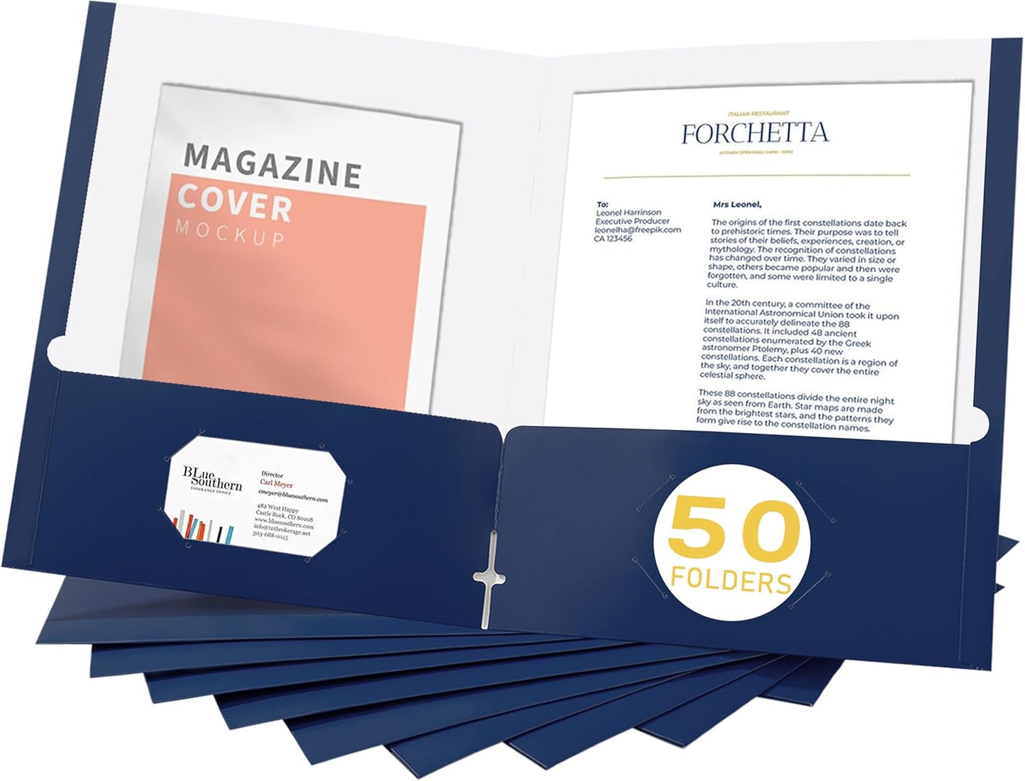 Zzrywuty File Folders with Pockets Letter Size, 50-Pack Paper Folders with Card Slot, Two Pocket Folders for School Students, Businessmen, Home and Office Workers（Old Blue）