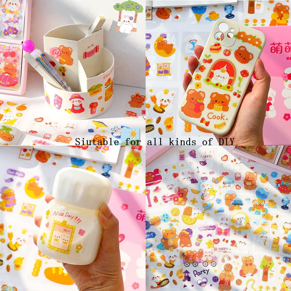 Cute Cartoon Bunny Bear Stickers, EAMOTOL 100 Sheets Kawaii Animals Transparent PET Scrapbooking Clipping Supplies Decals for Journaling Planners Collage Junk Journal Bullet Album Calendar Phone Case