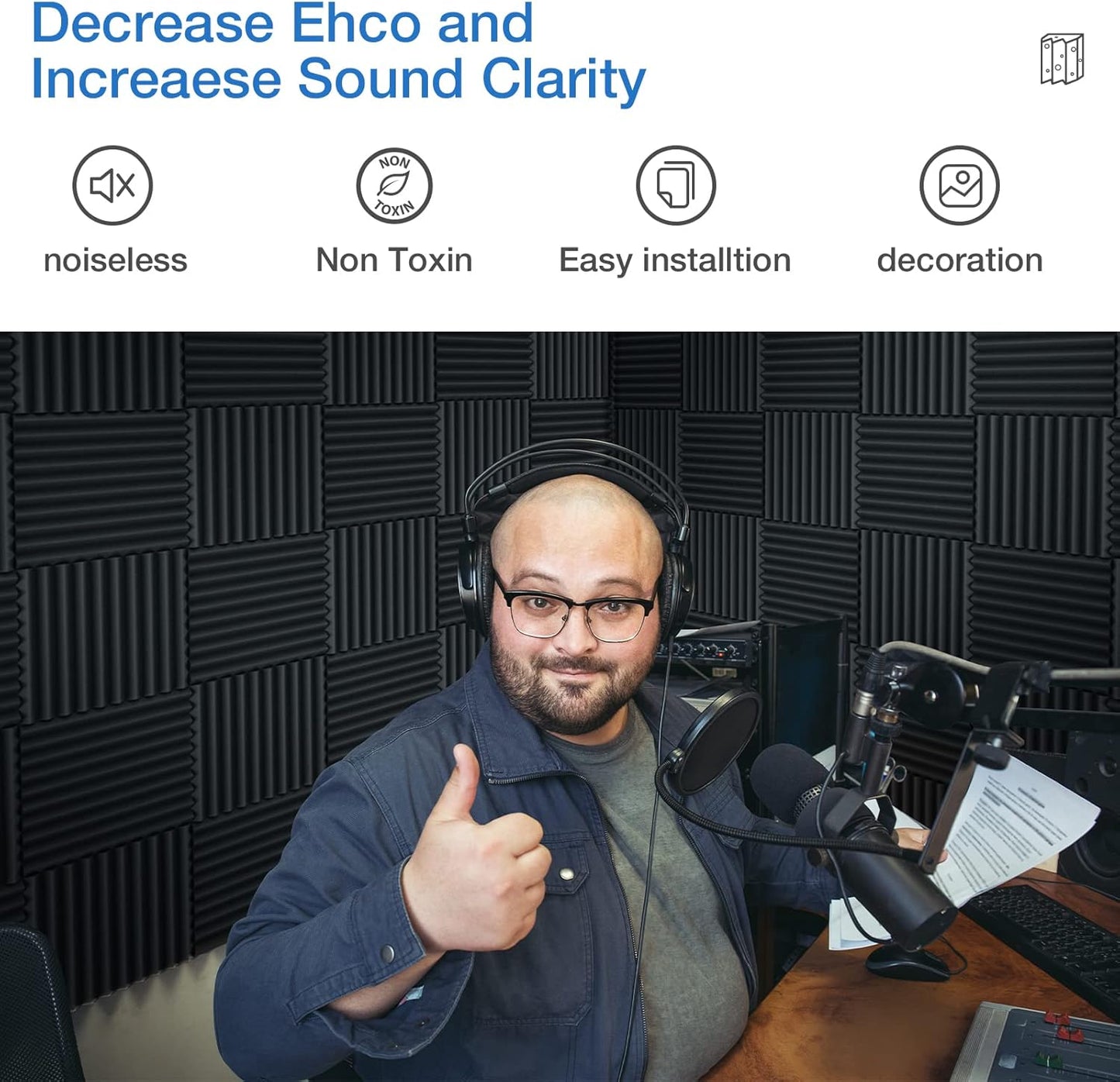 3" X 12" X 12" Sound Proof Foam Panels for Walls,Self-Adhesive Foam Acoustic Panels Sound Absorbing,2.2 lb/ft³ Density Soundproof Wall Panels for Gaming Studio Decor (12 Pack Black)