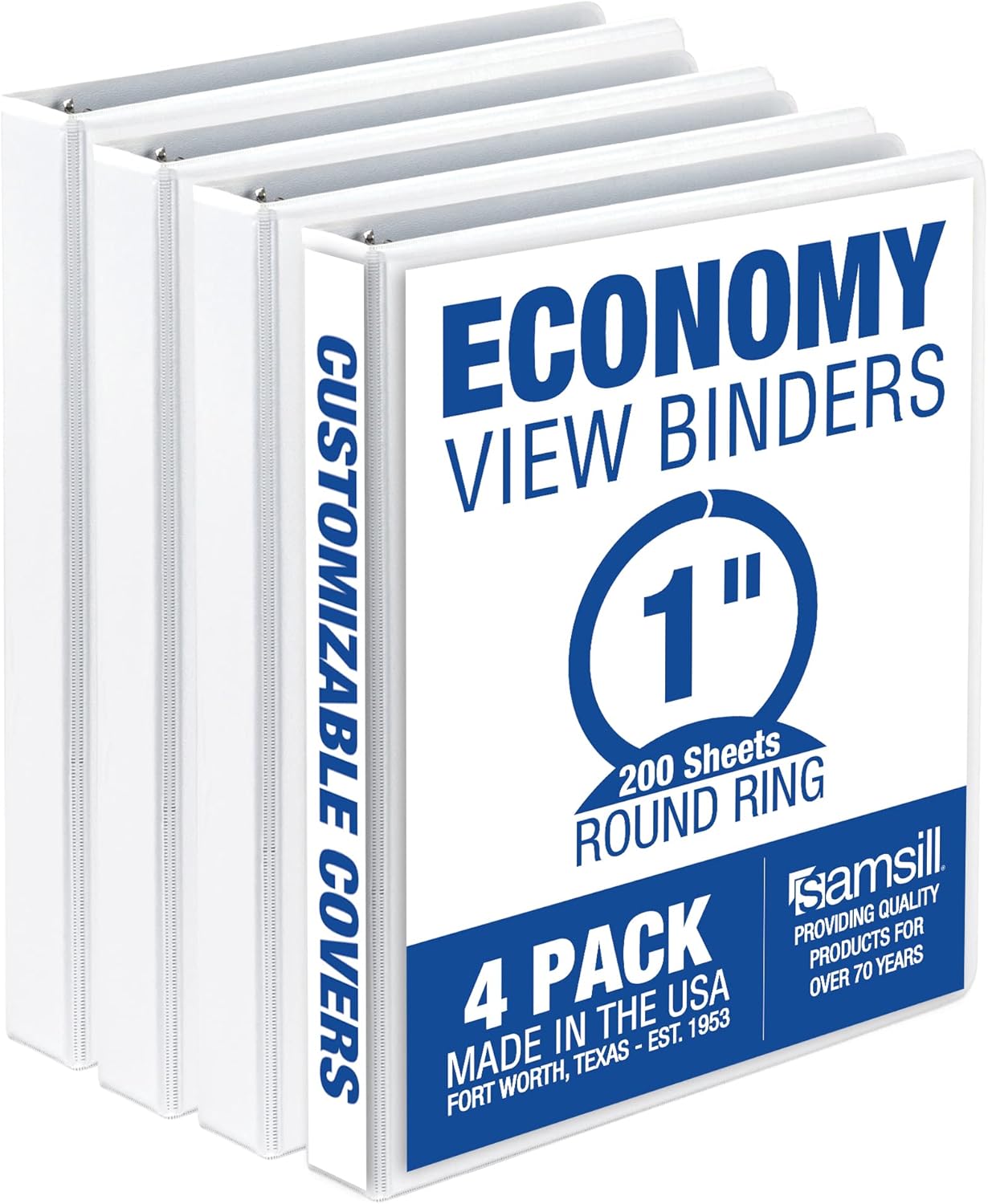 Samsill 1 Inch 3 Ring Binders, Made in USA, Economy Round Ring, Clear View Cover, 200 Sheet Capacity - for School, Home, Office - White, 4 Pack