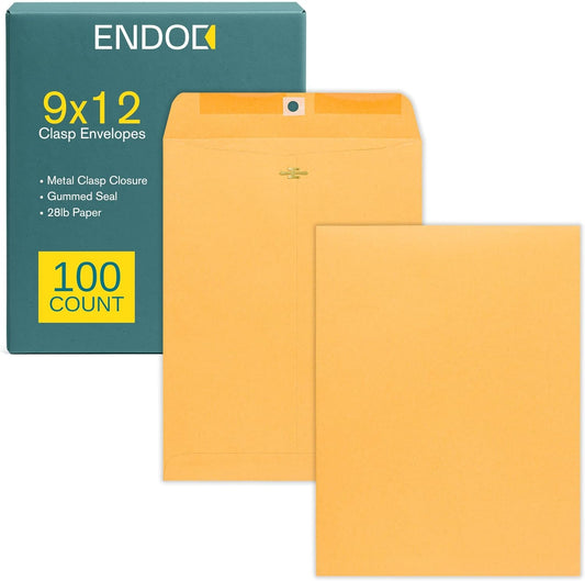 EnDoc 9x12 Clasp Envelopes – Brown Kraft Catalog Envelopes with Clasp Closure & Gummed Seal – 28lb Heavyweight Paper Envelopes for Home, Office, Business, Legal or School – 100 Pack