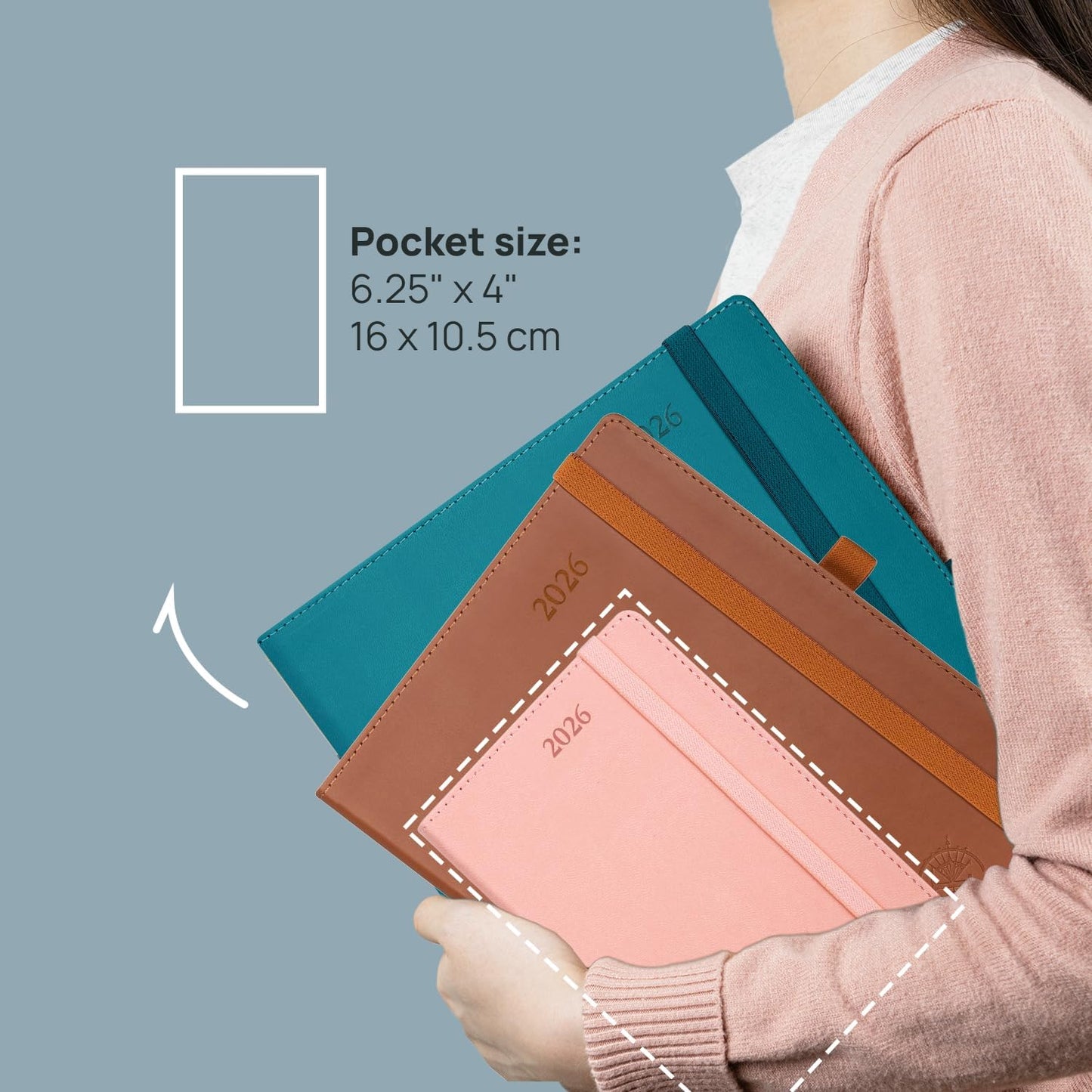 POPRUN Pocket Calendar 2026 (Small Size- 4'' x 6.25") Weekly and Monthly for Purse - Planner 2026 (Jan. 2026 - Dec. 2026) with Vegan Leather Soft Cover, Plastic Ruler, Pen Holder and More - Blue Green