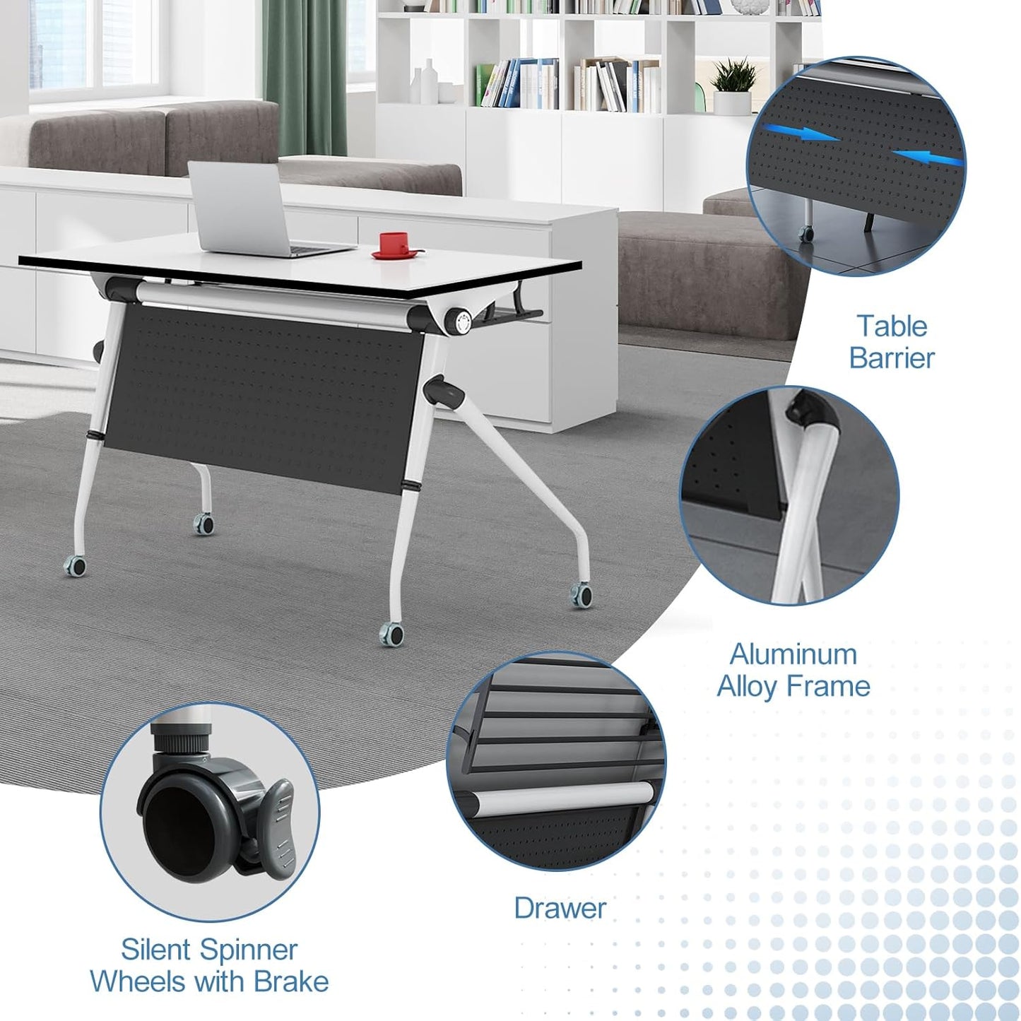 Conference Table, Folding Conference Room Tables, Mobile Training Tables with Silent Wheels, Large Rectangular Modular Seminar Table Office Computer Desks for Classroom White (4Pack L63in)