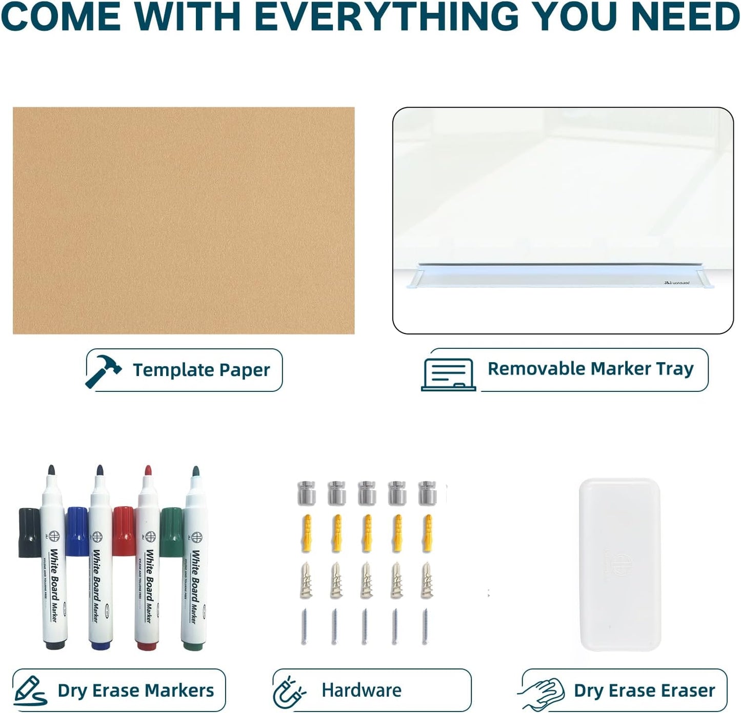 J&J worldwide Glass Whiteboard 47"x35", Magnetic White Board Glass Dry Erase Board Large Frameless Glass White Board for Office, Home & School with Marker Tray & Markers