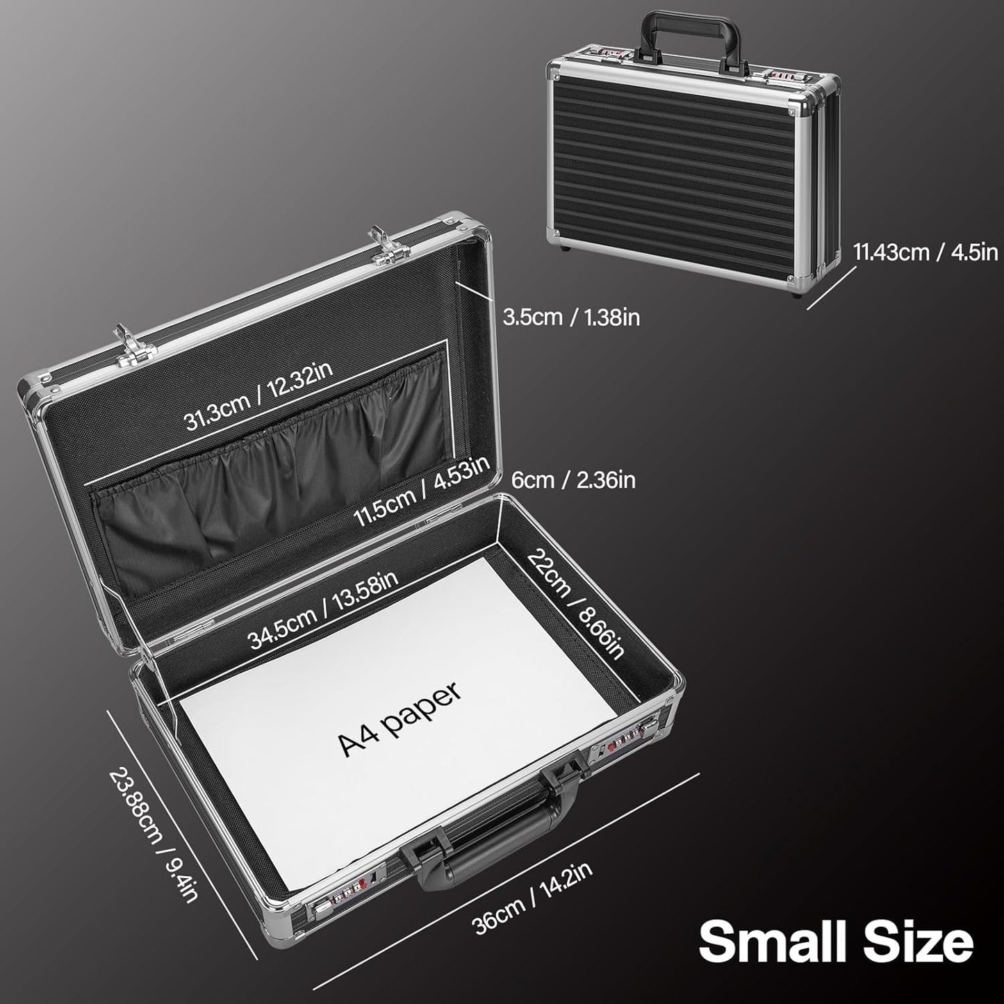 Medium Portable Locking Storage Totes - 14.2 x 9.8 x 4.5 Inch, Black, Modern Aluminum Storage Box with Dual Combination Locks