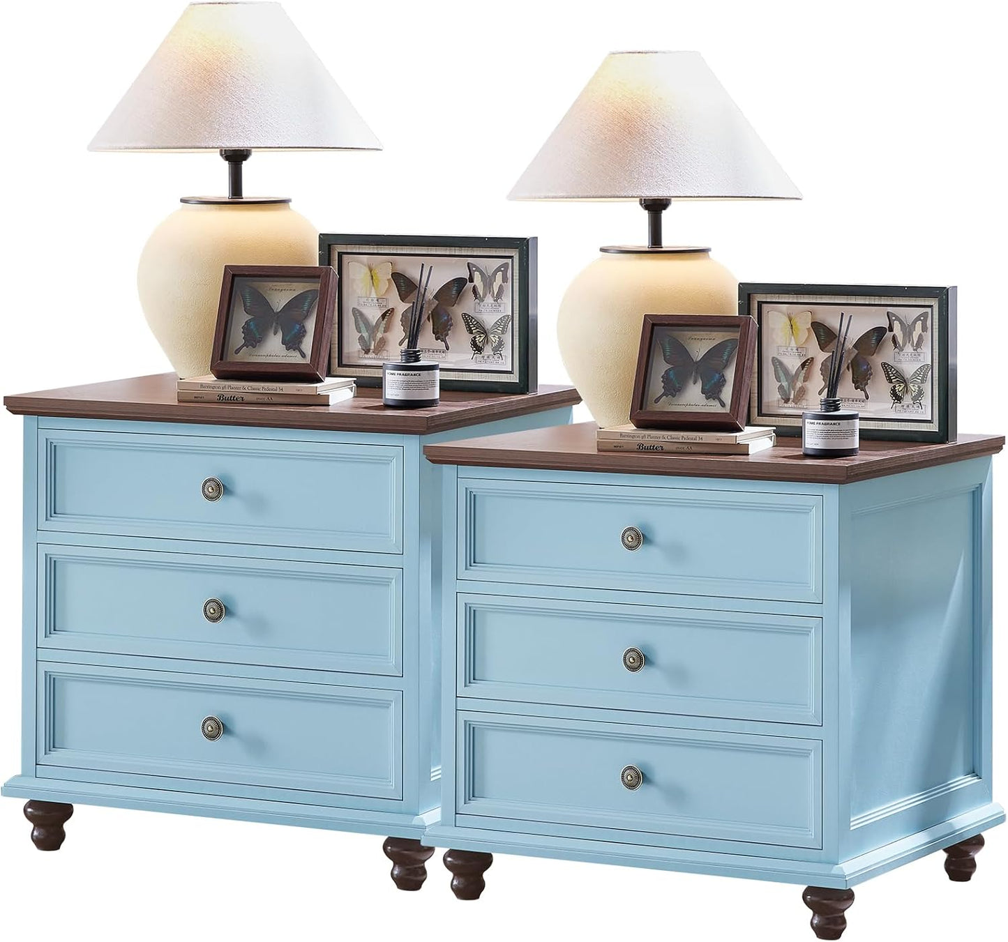 24" Wide Farmhouse Night Stand Set of 2,Large End Table with 3 Drawers & Metal Handle,Light Blue Wood Dresser for Bedroom Cabinet, Bed Side Table Chest of Drawers ,Nightstand for Living Room,Closet