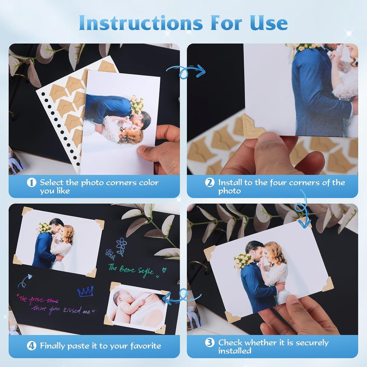 GOONAVI 10 Sheets 240 PCS Shiny Silver Acid-Free Photo Corners Notebook, Self-Adhesive Photo Corners for DIY Photo Album Journal, Photo Corner Stickers for Trip Journal Memory Book