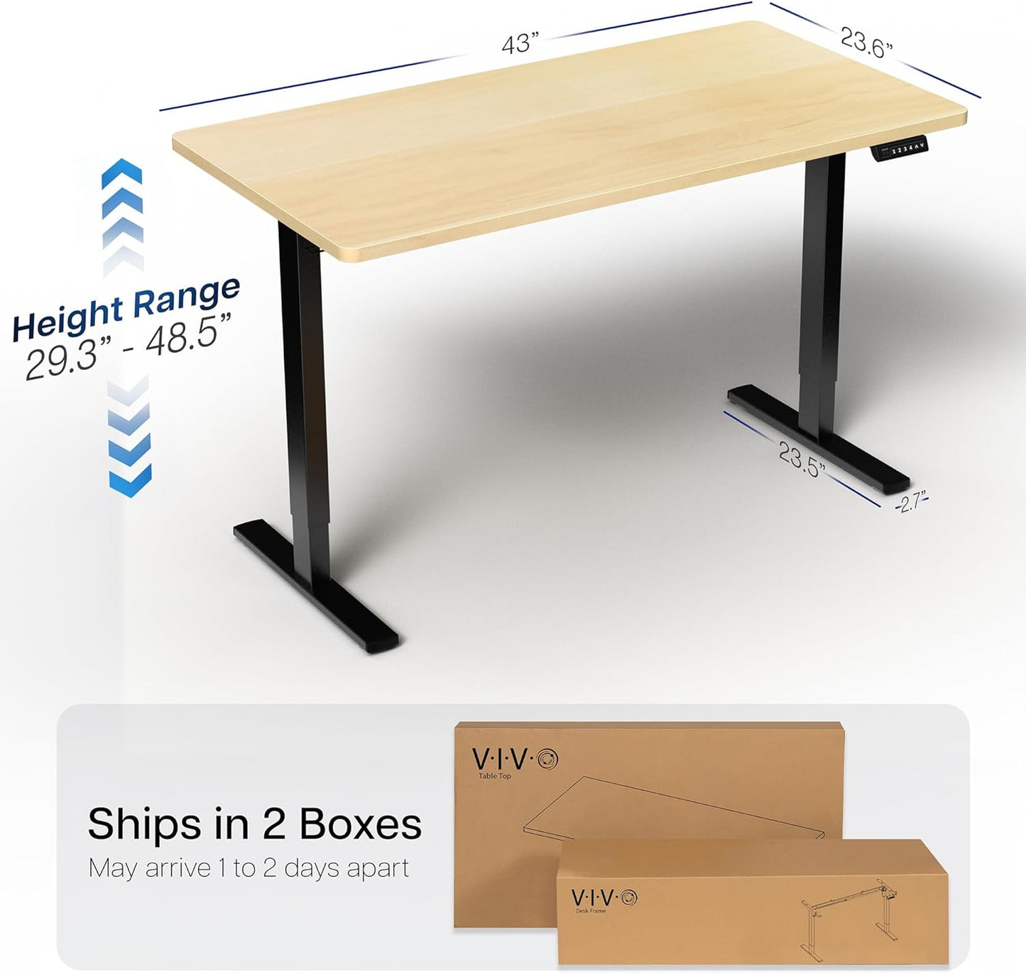 VIVO Electric 43 x 24 in Standing Desk, Memory Height Adjustment, 1B Series, One-Piece Light Wood Top, Black Frame, DESK-KIT-1B4C