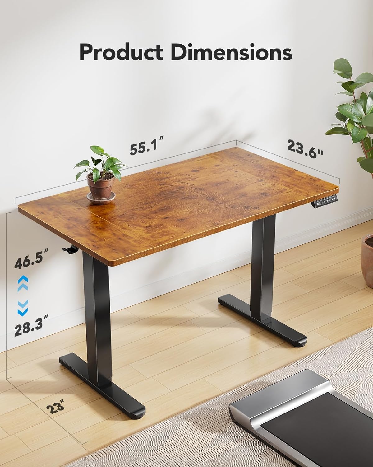 HUANUO 55 x 24 inch Electric Standing Desk, Height Adjustable Table with Headphone Hooks & Cable Manager, Sit to Stand up Desk for Home Office, Vintage Brown