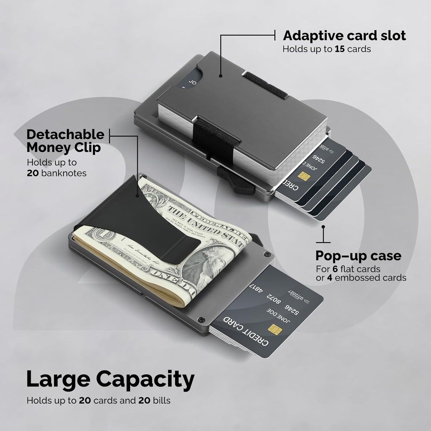 Mens Wallet with Money Clip - Holds 10-20 Cards, RFID Blocking Minimalist Wallet for Men with Pop Up Card Case, Slim Card Holder Metal Card Wallets, Gifts for Men, Black