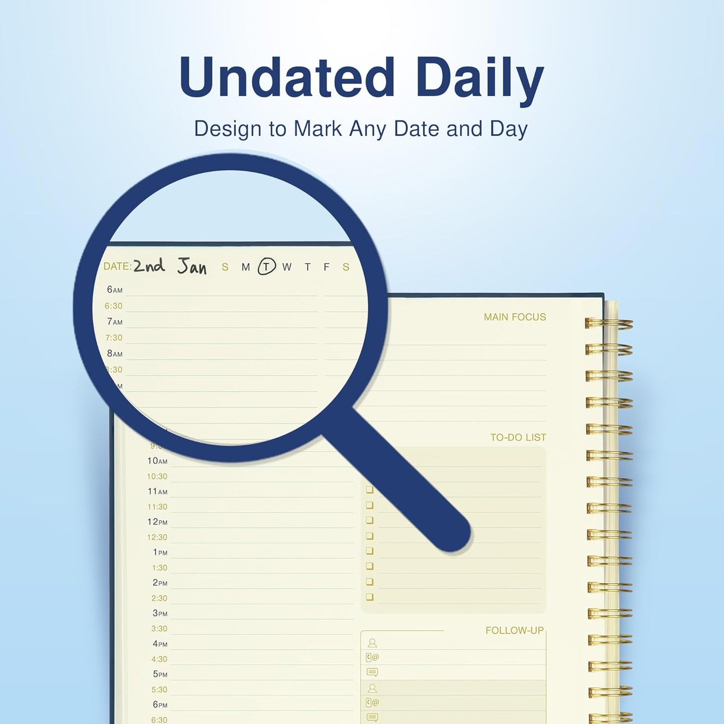 Undated Daily Planner To Do List Hourly Schedule 2027 2026 2025 Calendar & Holiday Habit Tracker 180 Pages Letter Size 8.5" x 11" Sheets Hardcover Spiral Bound Notebook (Navy Blue)