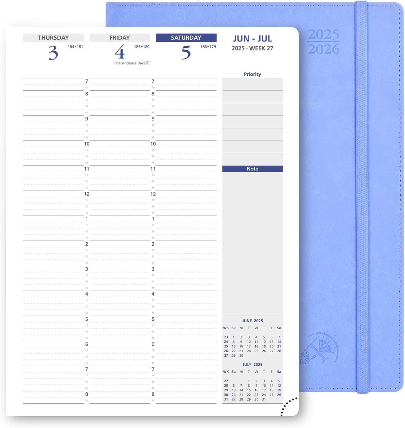 POPRUN Academic Planner 2025-2026, 8.5'' x 11.25'', Quarter-Hourly Appointment Book (July 2025-June 2026) with PU Leather Soft Cover, Dual Pockets, Monthly Tabs, 100GSM Thick Paper - Cornflower