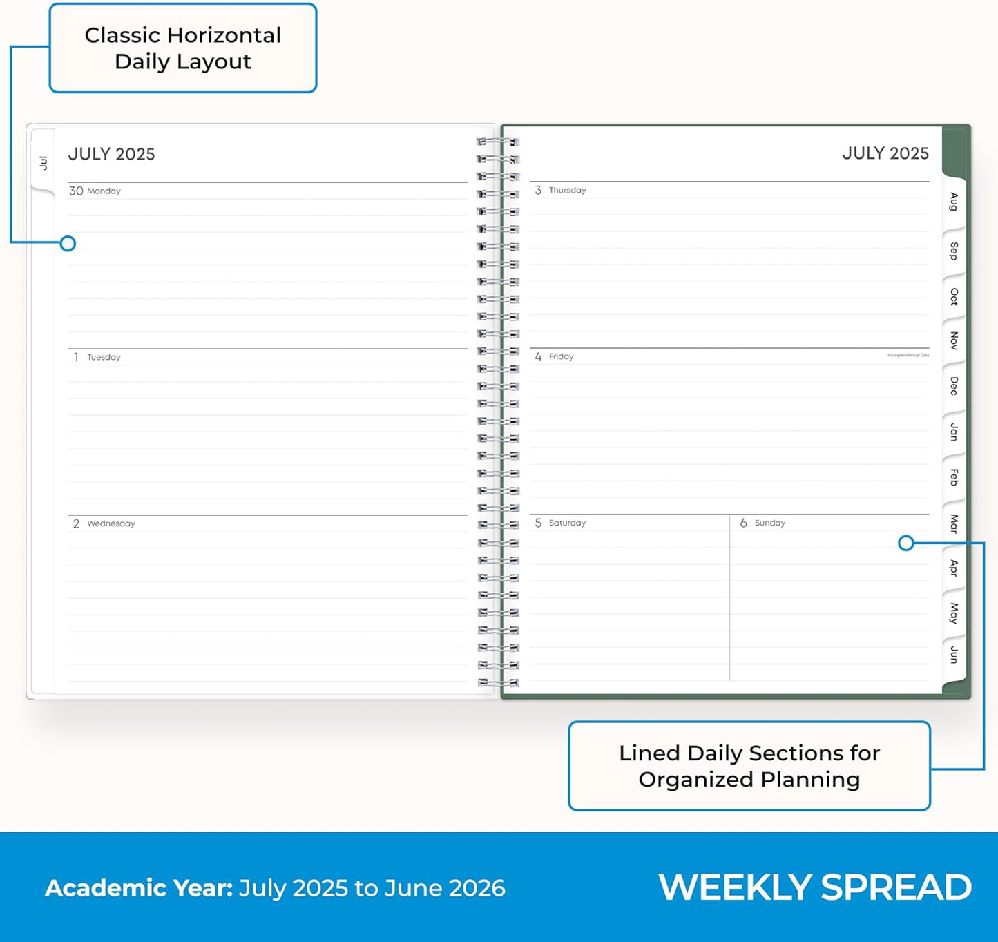 Blue Sky 2025-2026 Weekly and Monthly Academic Year Planner Calendar, July 2025 - June 2026, 8" x 10.875", Flexible Cover, Wirebound, Laminated Tabs, Seychelle