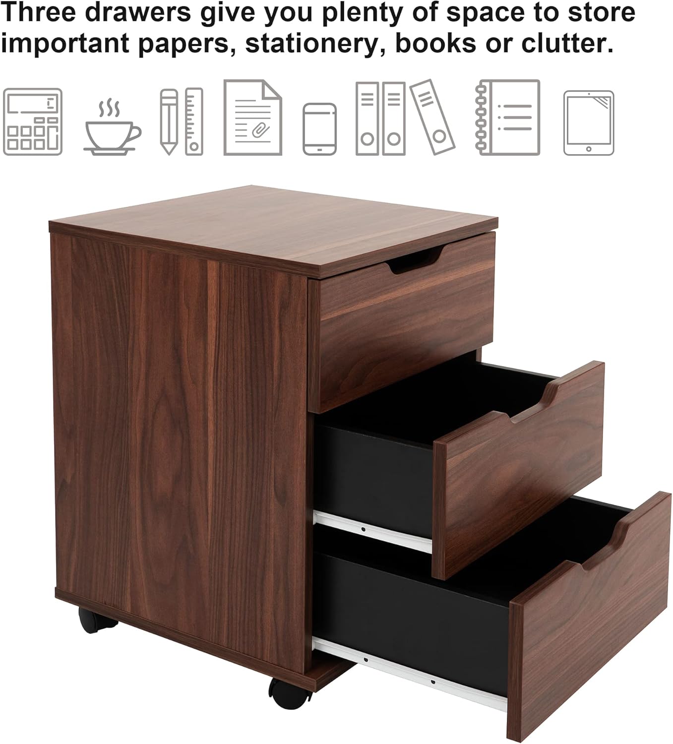 Farini 3-Drawer Vertical Filing Cabinet Rolling Wood Mobile File Cabinets Under Desk for Home Office with Casters (Brown Walnut, Non-Assembled)