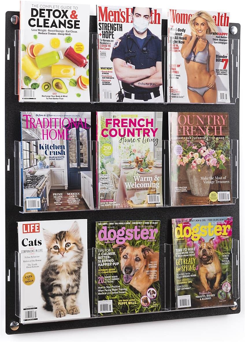 Displays2go Wall Mount Acrylic Brochure Holder, 9-18 Adjustable Pockets, Tiered Design - Black (2RP9BLK)