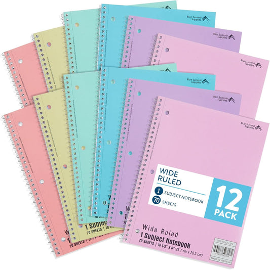 Blue Summit Pastel Spiral Notebooks, 1 Subject Pastel Notebooks Wide Ruled, Paper School Bulk Notebook, 12 Pack