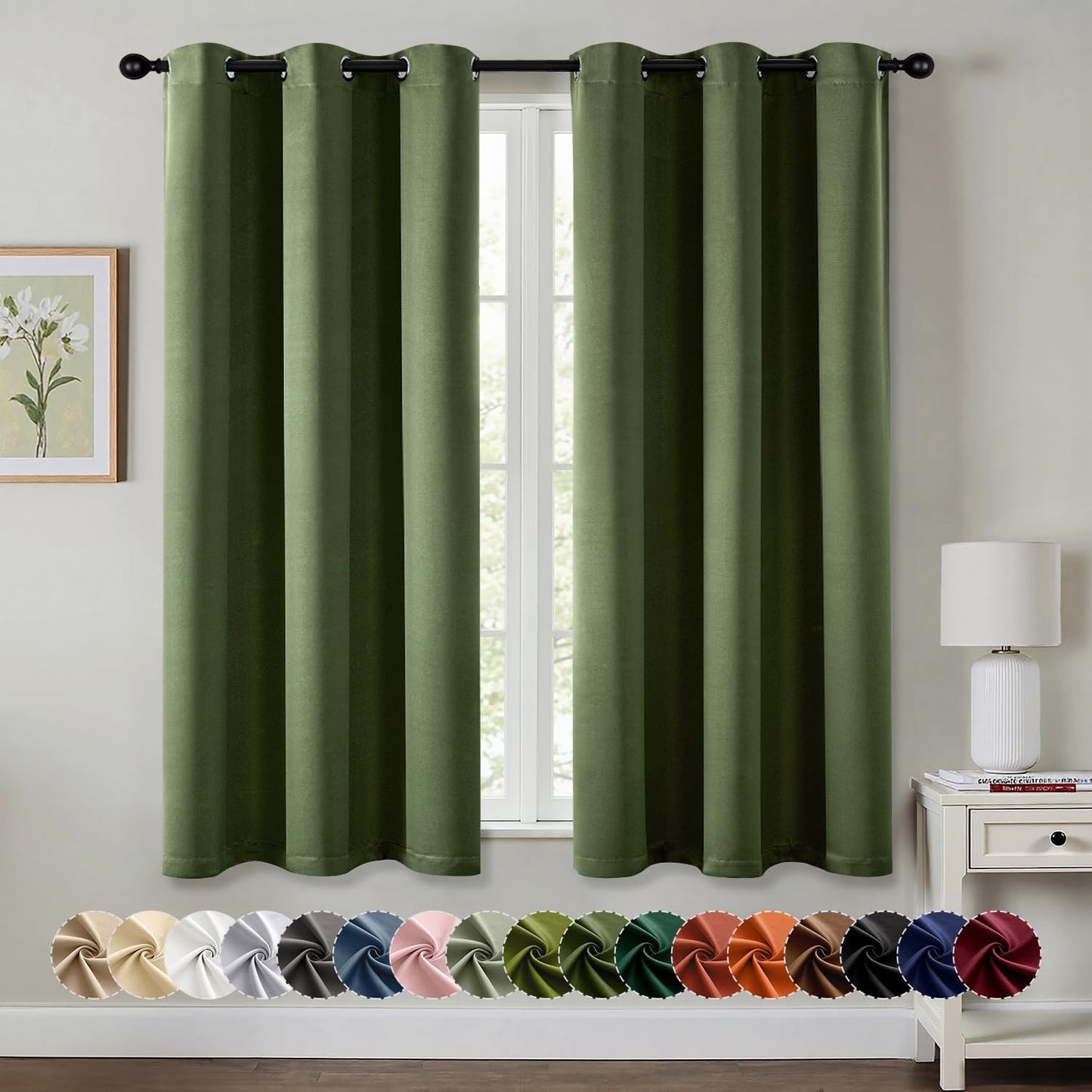 MIULEE Olive Green Blackout Curtains - Thermal Insulated Bedroom Curtains Room Darkening Drapes for Living Room Kitchen Grommet Top Light Blocking Window Treatment, 40 x 45 Inches Long, 2 Panels