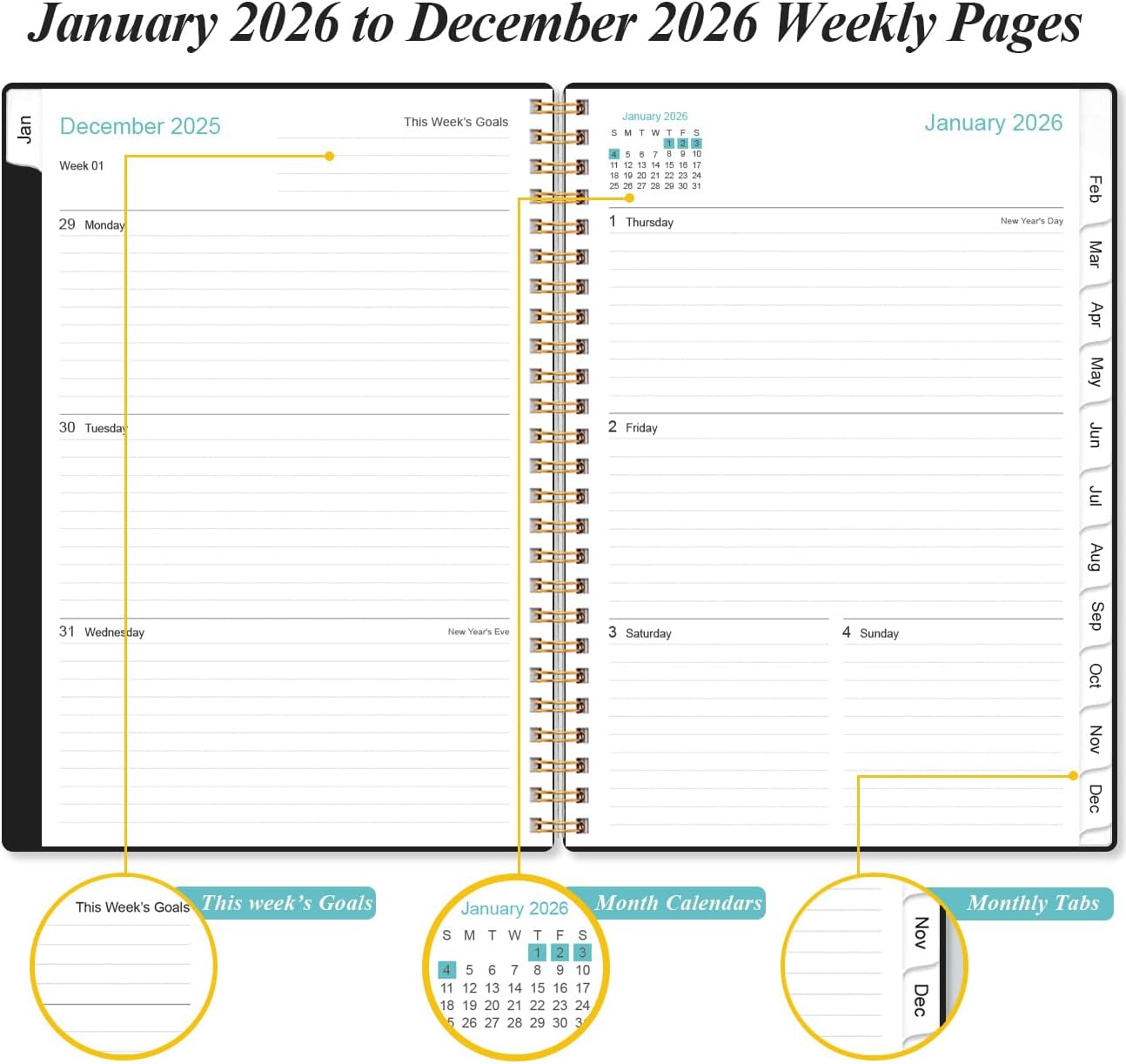 2026 Planner - Weekly and Monthly Calendar Planner from Jan 2026 - Dec 2026, Planner 2026 Spiral Bound with 12 Monthly Tabs, Inner Pocket, Perfect for School Office Supplies, 6.4" x 8.5", Black