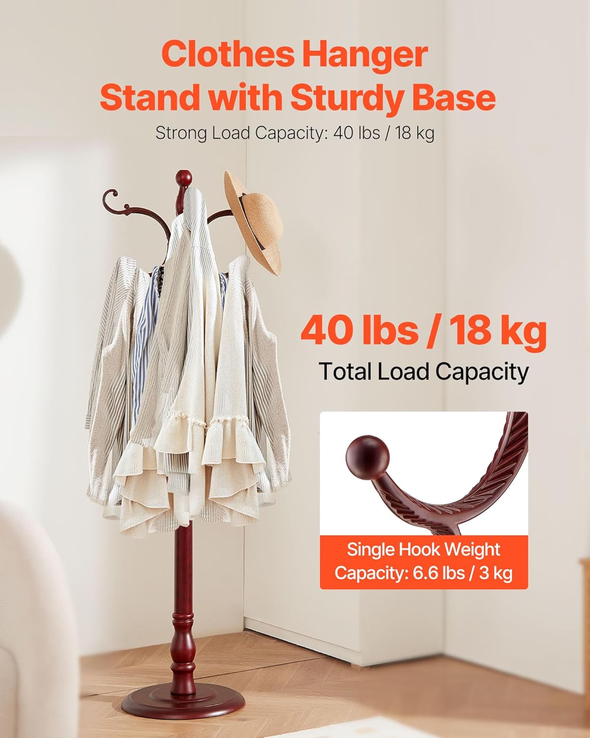 VEVOR Coat Rack Freestanding, Wooden Coats Rack Stand with Weighted Base & 11 Hooks, Free Standing Hall Coat Tree for Entryway, Bedroom, Living Room, Modern Clothes Hanger Stand for Coats, Hats, Bag