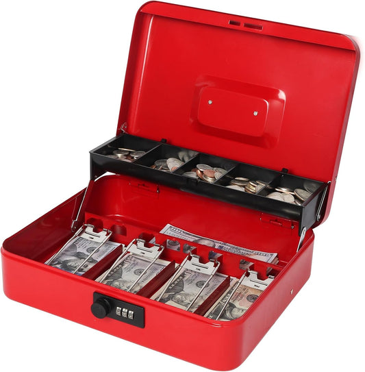 Jssmst Cash Box with Money Tray and Lock - Red Cash Box with Combination Lock Safe Money Box Large, Locking Cash Register Drawer Box, 11.8'' x 9.5'' x 3.5'', SM-CB005RED