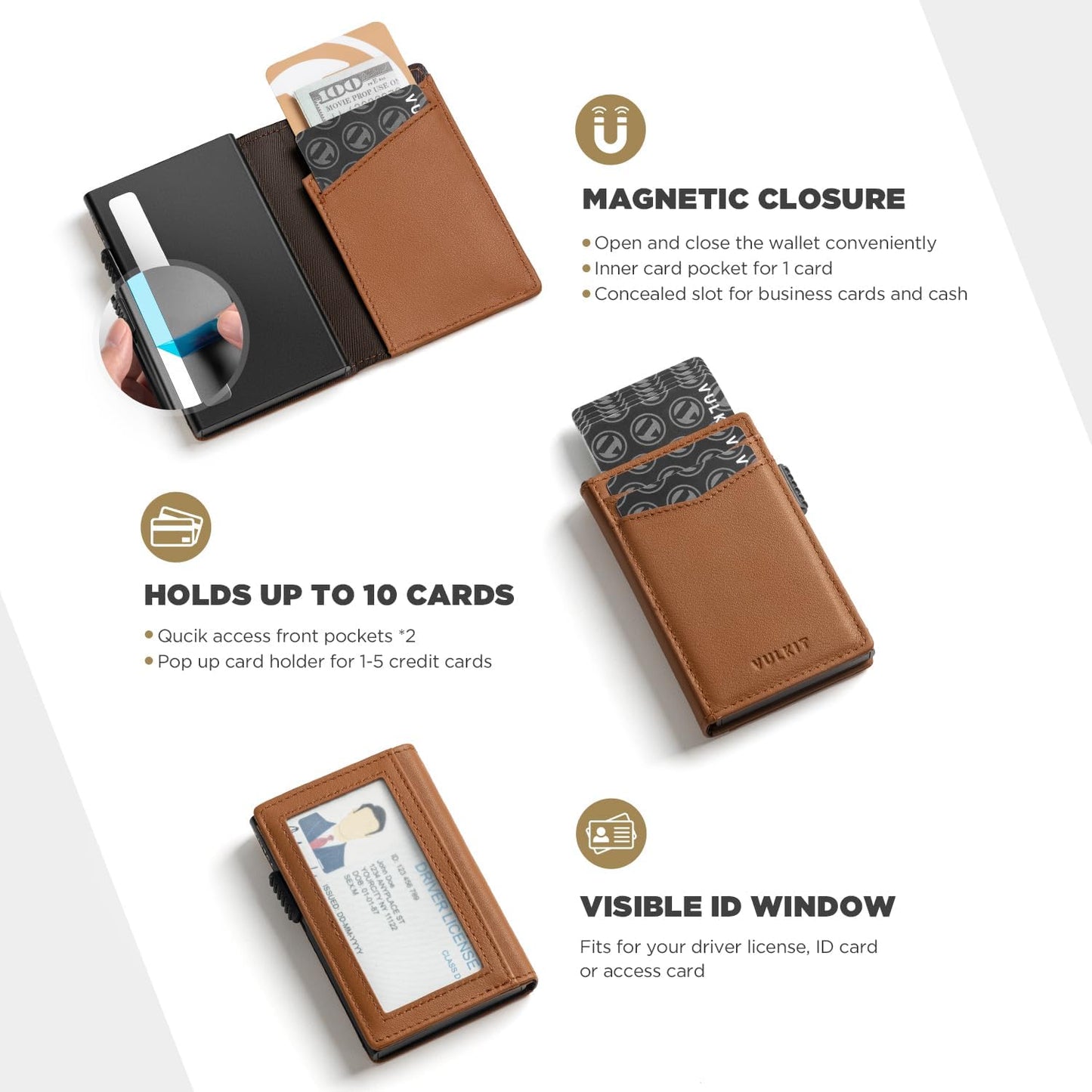 VULKIT Men's Wallet with ID Window Top Grain Leather RFID Blocking Minimalist Wallet Pop Up Card Holder Magnetic Closure
