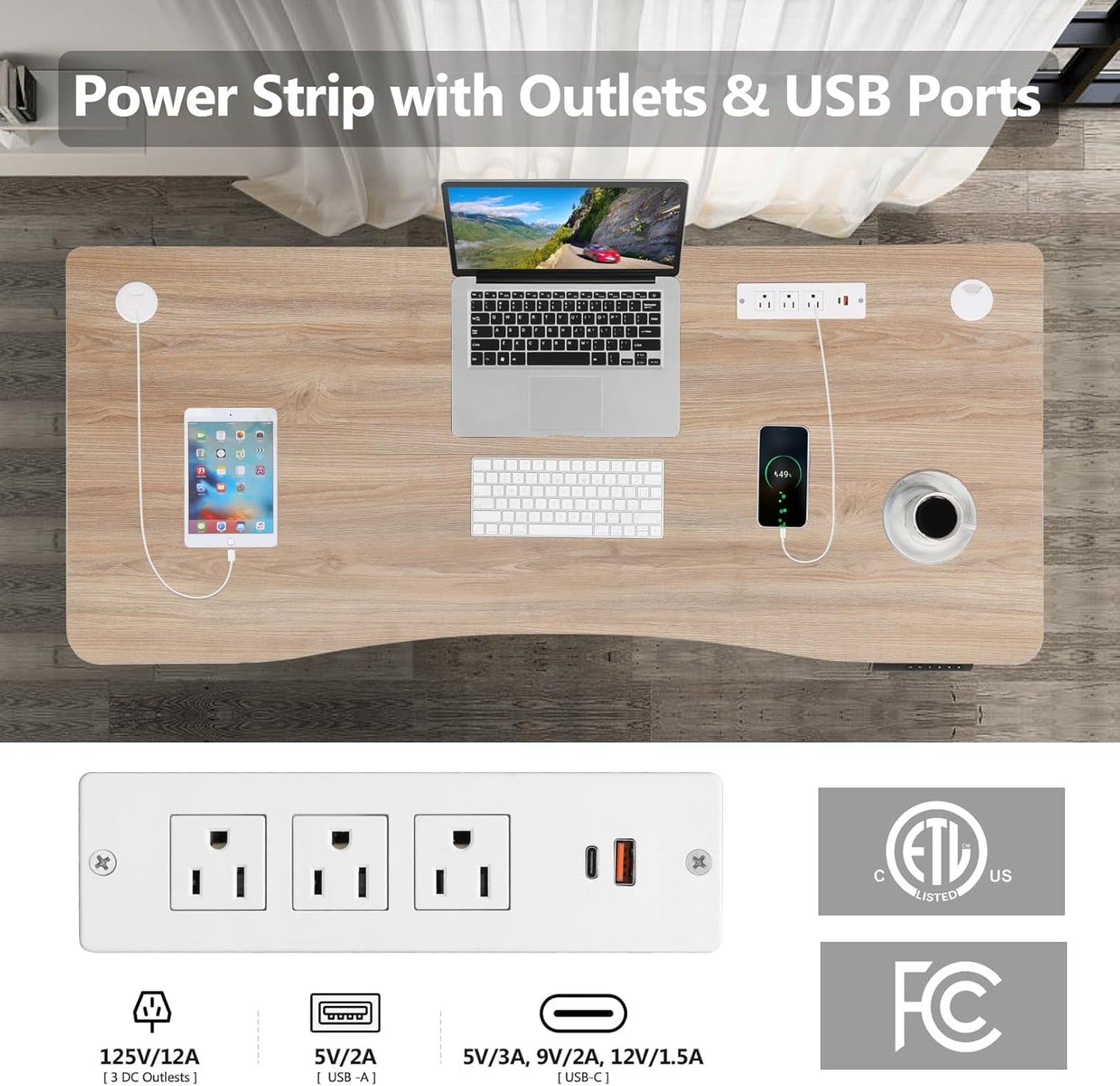 Electric Standing Desk 48 x 24 Inches Adjustable Height Ergonomic Sit Stand Up Desk Curved for Home Office Computer Workstation with 2 USB Ports 3 Power Outlets Memory Preset Wheels, Oak