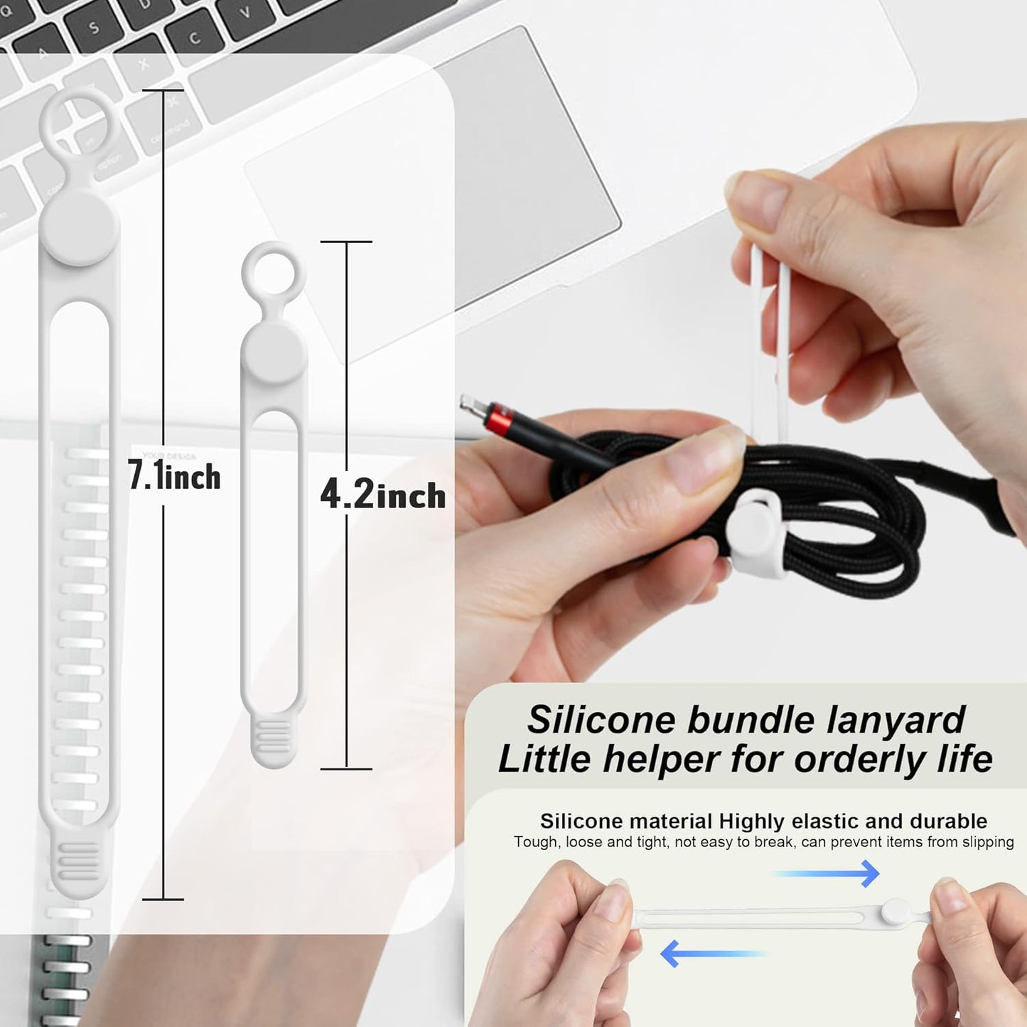 Nearockle Silicone Cable Ties Cord Organizer for Cable Management, 16PCS 4.2" and 7.1" Reusable Cable Organizer Electronic Accessories for Home, Office, Kitchen, School, Travel (White)