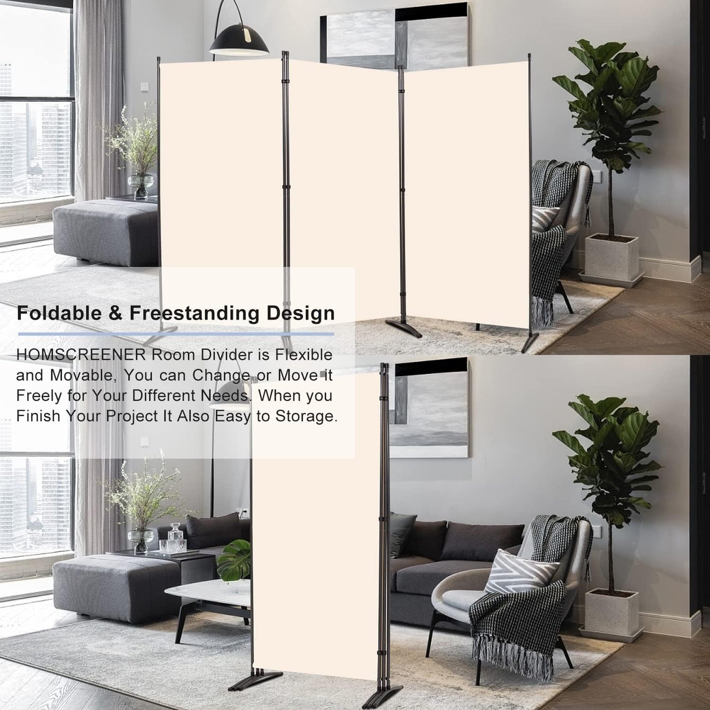 Room Divider 6FT Folding Privacy Screens, Partition Room Dividers w/Freestanding Design, Portable Wall Divider for Room Separtation, Fabric Screen Panel for Home Office Dorm (Beige, 3 Panel)