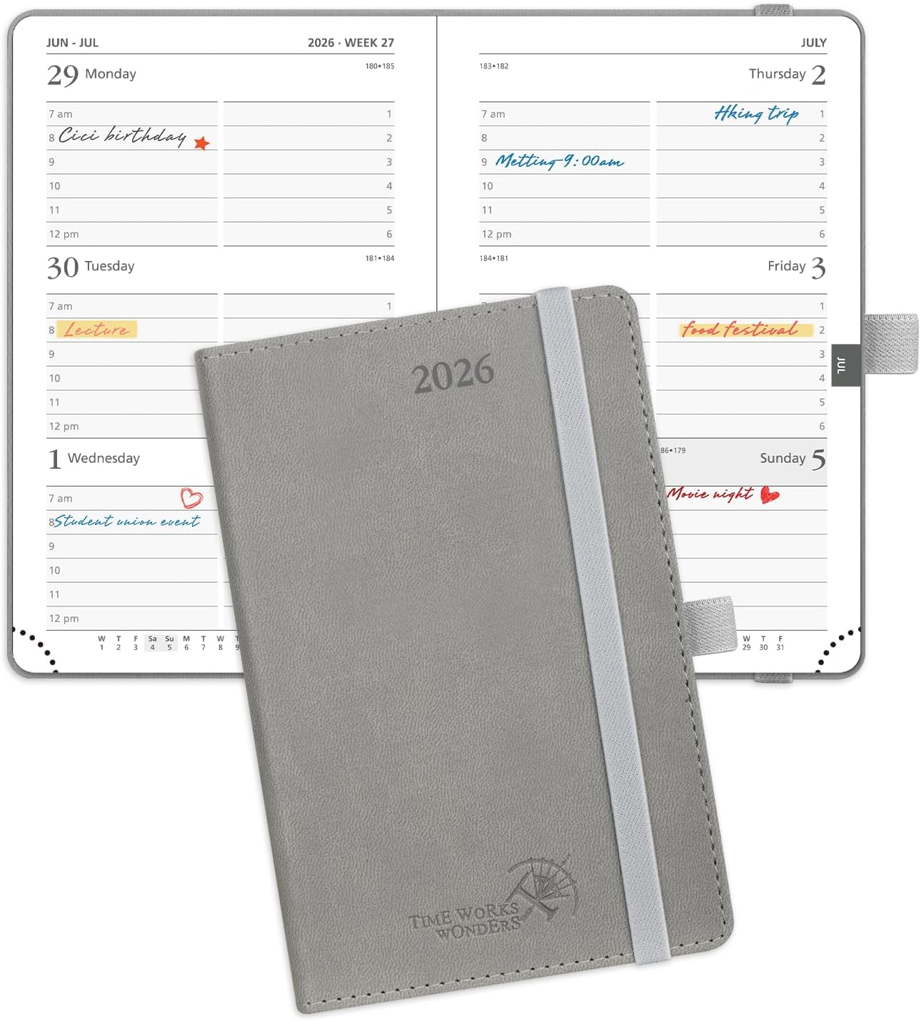 POPRUN Pocket Calendar 2026 (Small Size- 4'' x 6.25") Weekly and Monthly for Purse - Planner 2026 (Jan. 2026 - Dec. 2026) with Vegan Leather Soft Cover, Plastic Ruler, Pen Holder and More - Grey