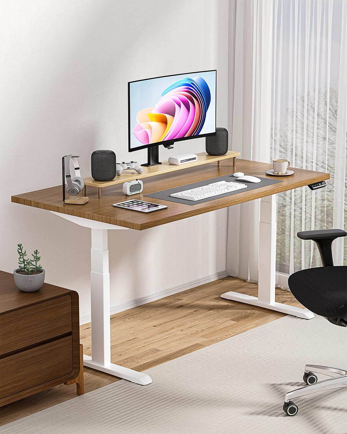 Okin Dual Motor Electric Standing Desk Frame with Memory Controller, Standing Desk Legs Up to 49.3", 3 Stage Off-Center C Feet Adjustable Desk Legs for Home and Office, White Frame Only